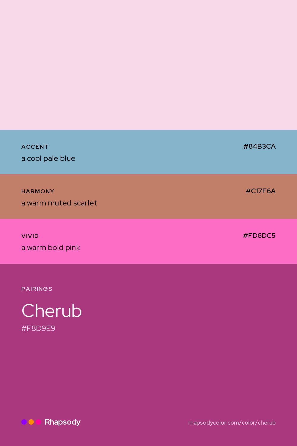 Cherub paired with a cool pale blue #84B3CA, a warm muted scarlet #C17F6A, a warm bold pink #FD6DC5: hex values and roles, from Rhapsody