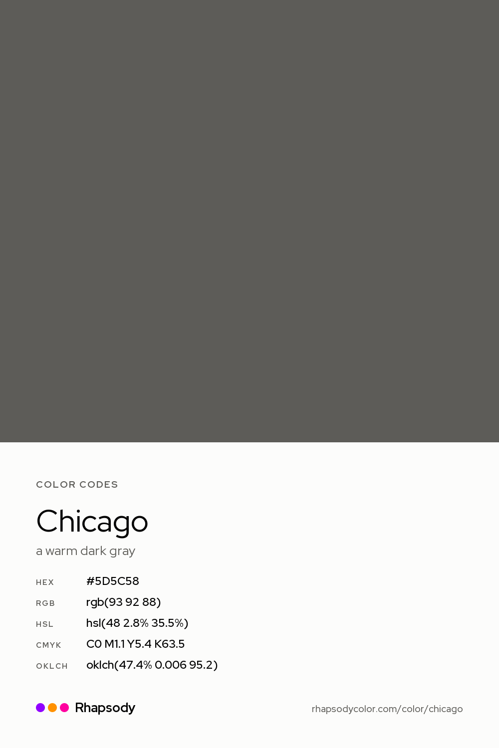 Chicago color codes: hex #5D5C58, RGB, HSL, CMYK, and OKLCH, from Rhapsody