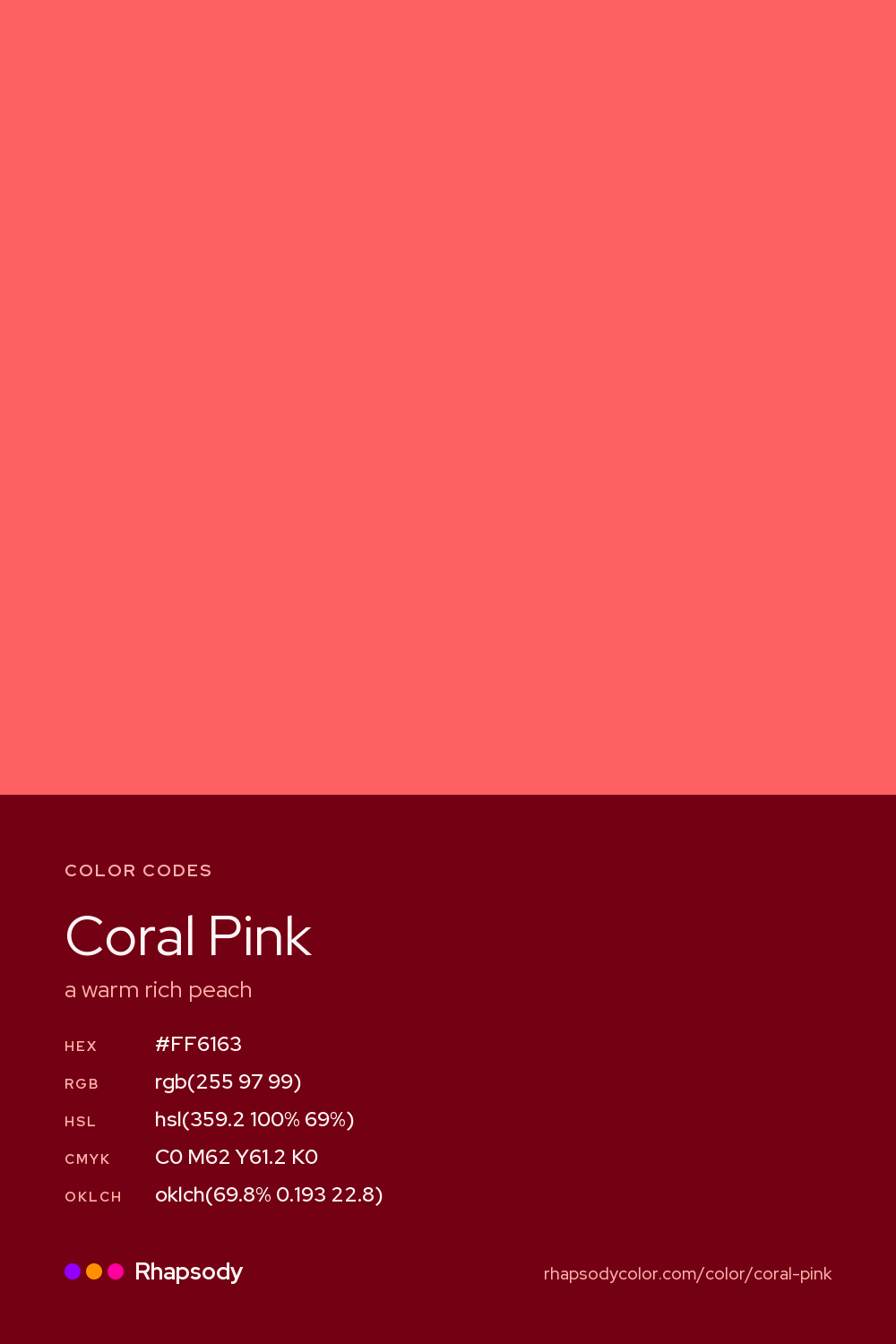 Coral Pink color codes: hex #FF6163, RGB, HSL, CMYK, and OKLCH, from Rhapsody