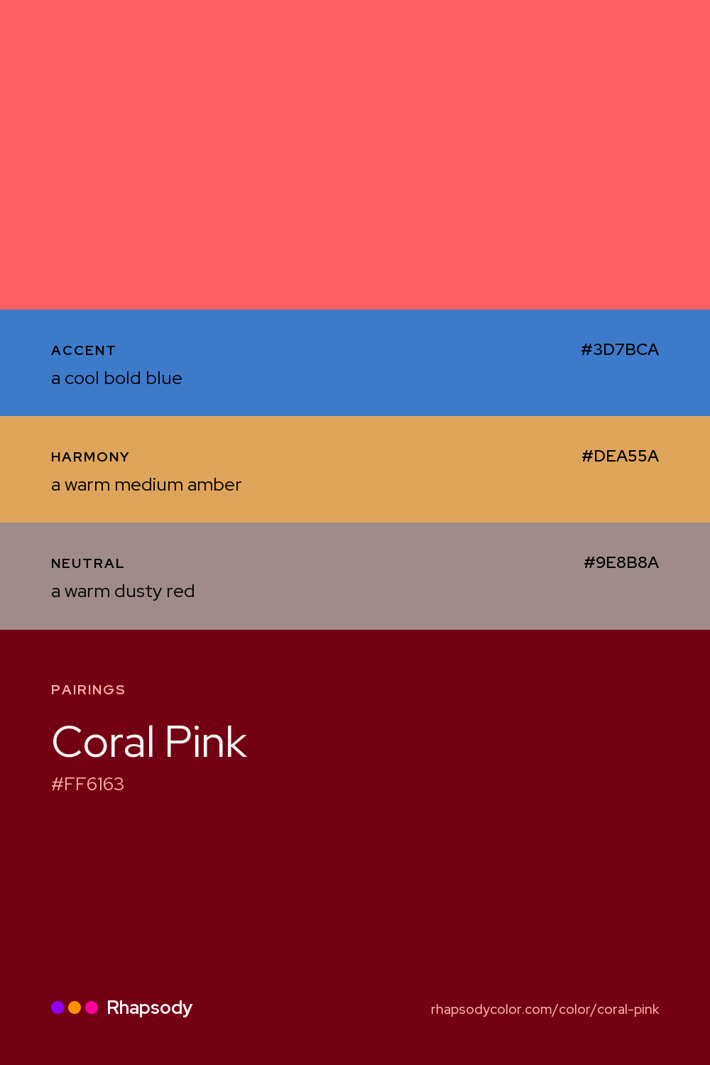 Coral Pink paired with a cool bold blue #3D7BCA, a warm medium amber #DEA55A, a warm dusty red #9E8B8A: hex values and roles, from Rhapsody