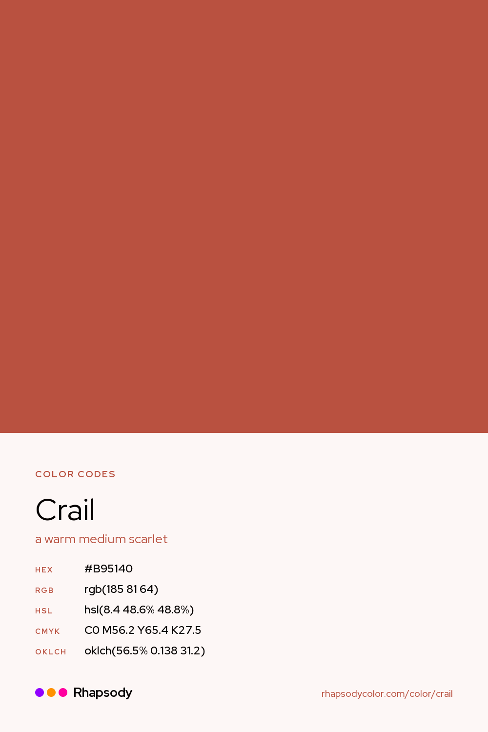 Crail color codes: hex #B95140, RGB, HSL, CMYK, and OKLCH, from Rhapsody
