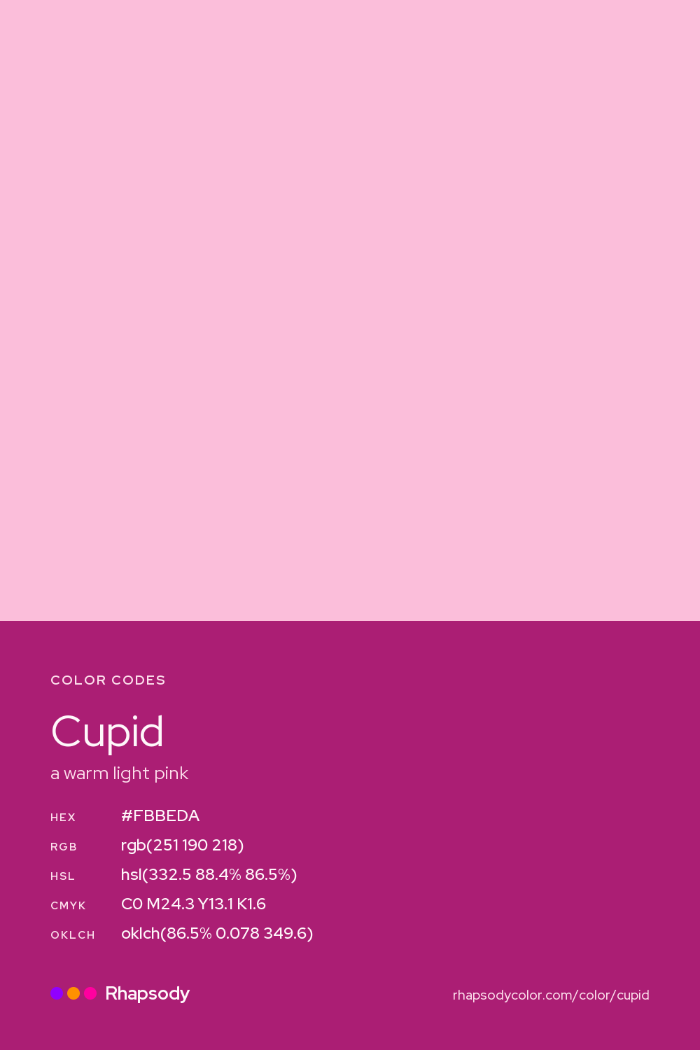 Cupid color codes: hex #FBBEDA, RGB, HSL, CMYK, and OKLCH, from Rhapsody