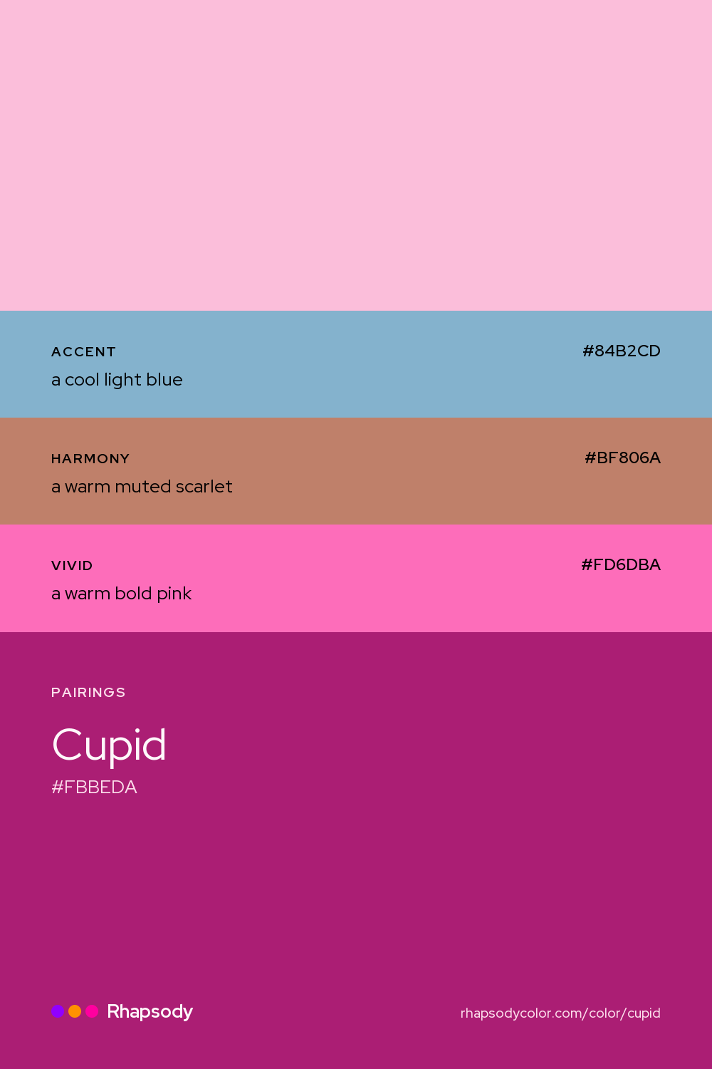 Cupid paired with a cool light blue #84B2CD, a warm muted scarlet #BF806A, a warm bold pink #FD6DBA: hex values and roles, from Rhapsody