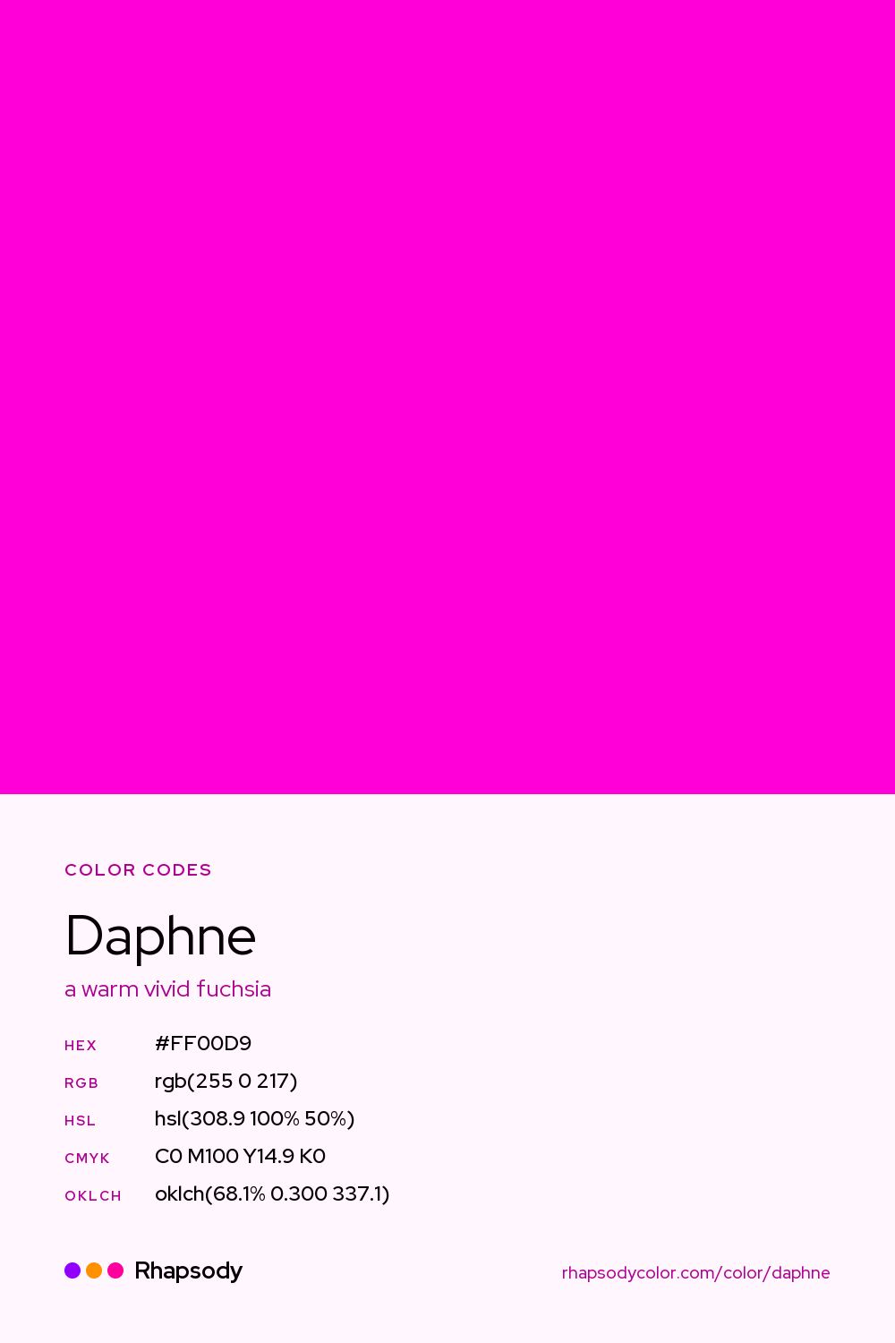 Daphne color codes: hex #FF00D9, RGB, HSL, CMYK, and OKLCH, from Rhapsody