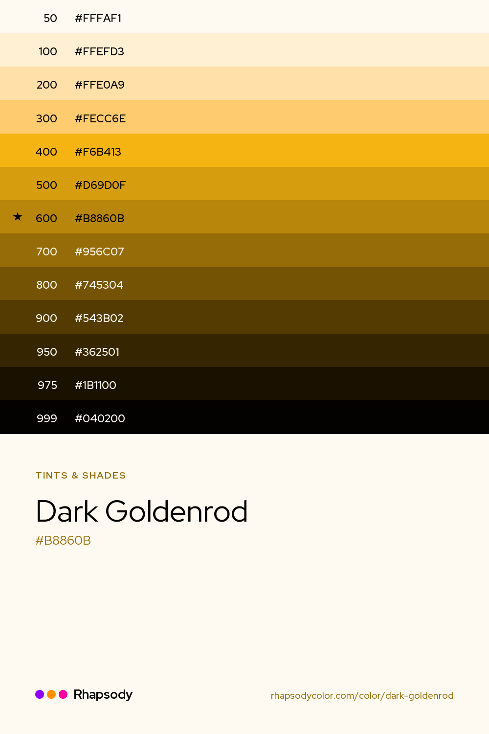 The full tonal scale of Dark Goldenrod, 13 steps from light to dark with every hex, from Rhapsody