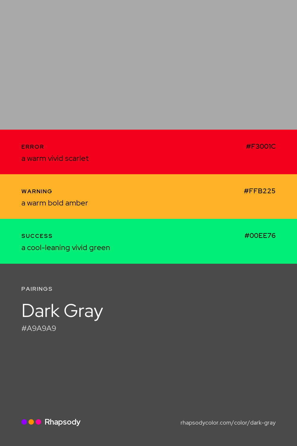 Dark Gray paired with a warm vivid scarlet #F3001C, a warm bold amber #FFB225, a cool-leaning vivid green #00EE76: hex values and roles, from Rhapsody