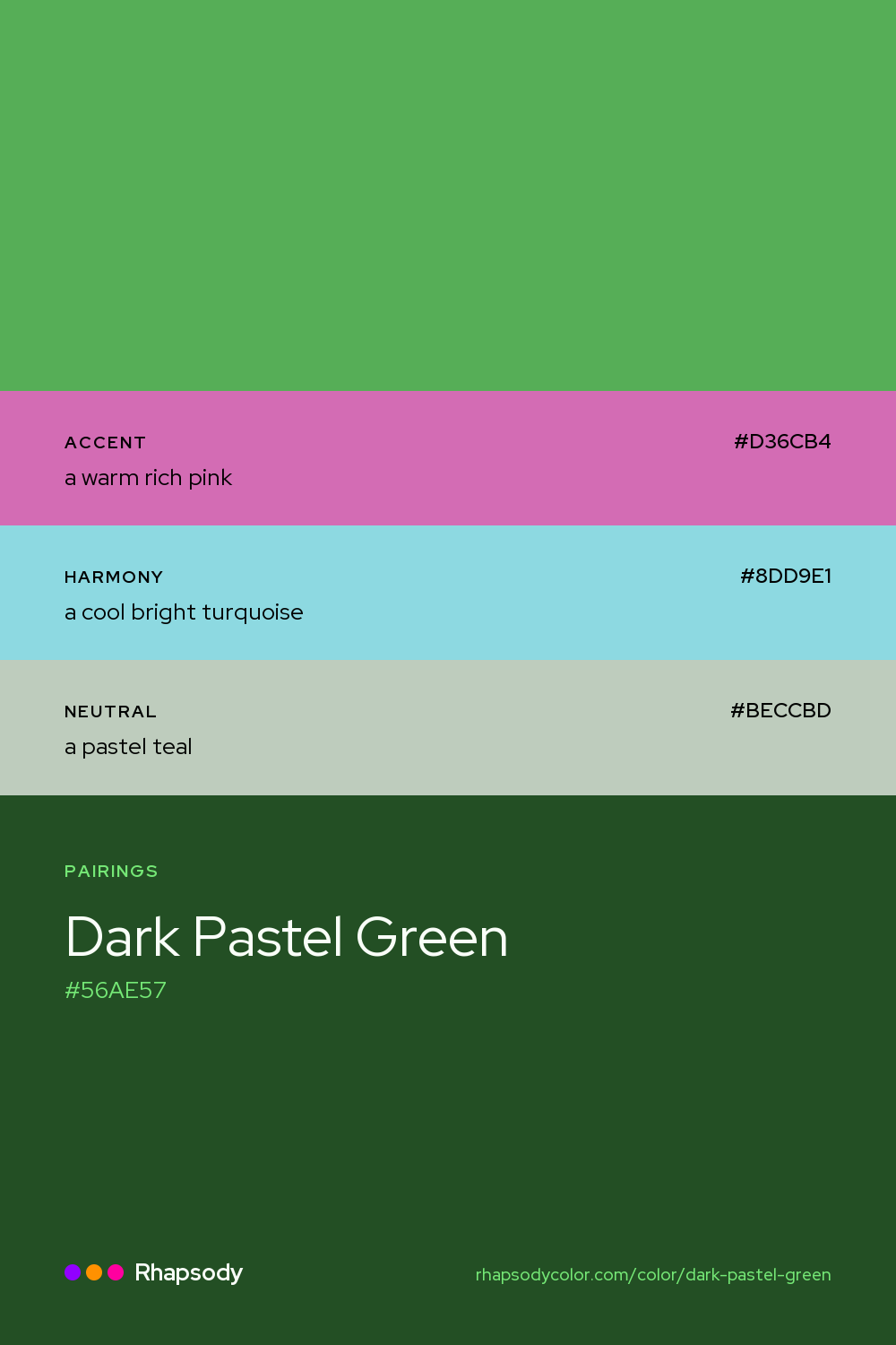 Dark Pastel Green paired with a warm rich pink #D36CB4, a cool bright turquoise #8DD9E1, a pastel teal #BECCBD: hex values and roles, from Rhapsody