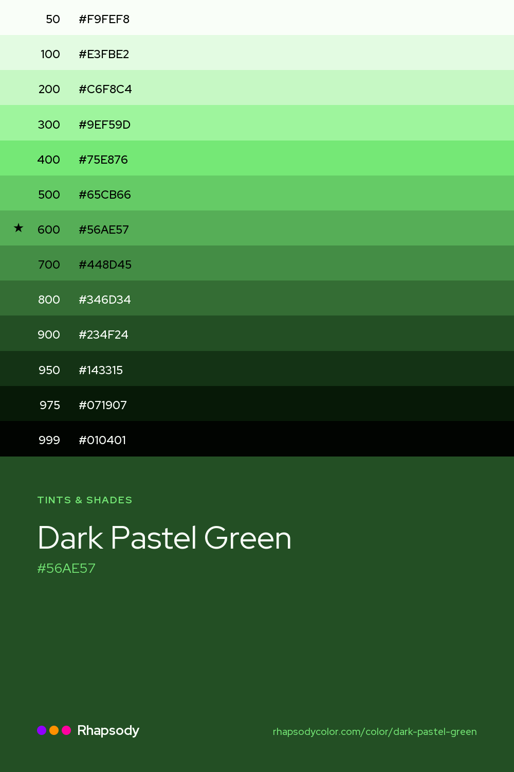 The full tonal scale of Dark Pastel Green, 13 steps from light to dark with every hex, from Rhapsody