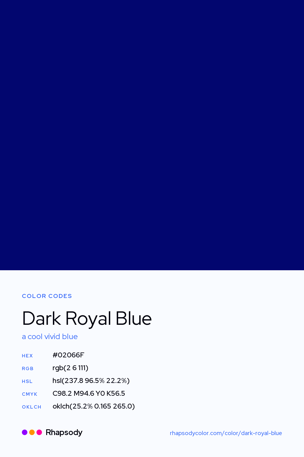 Dark Royal Blue color codes: hex #02066F, RGB, HSL, CMYK, and OKLCH, from Rhapsody