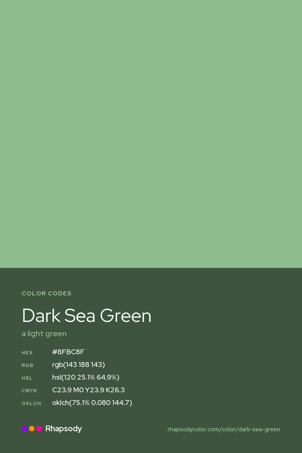 Dark Sea Green color codes: hex #8FBC8F, RGB, HSL, CMYK, and OKLCH, from Rhapsody