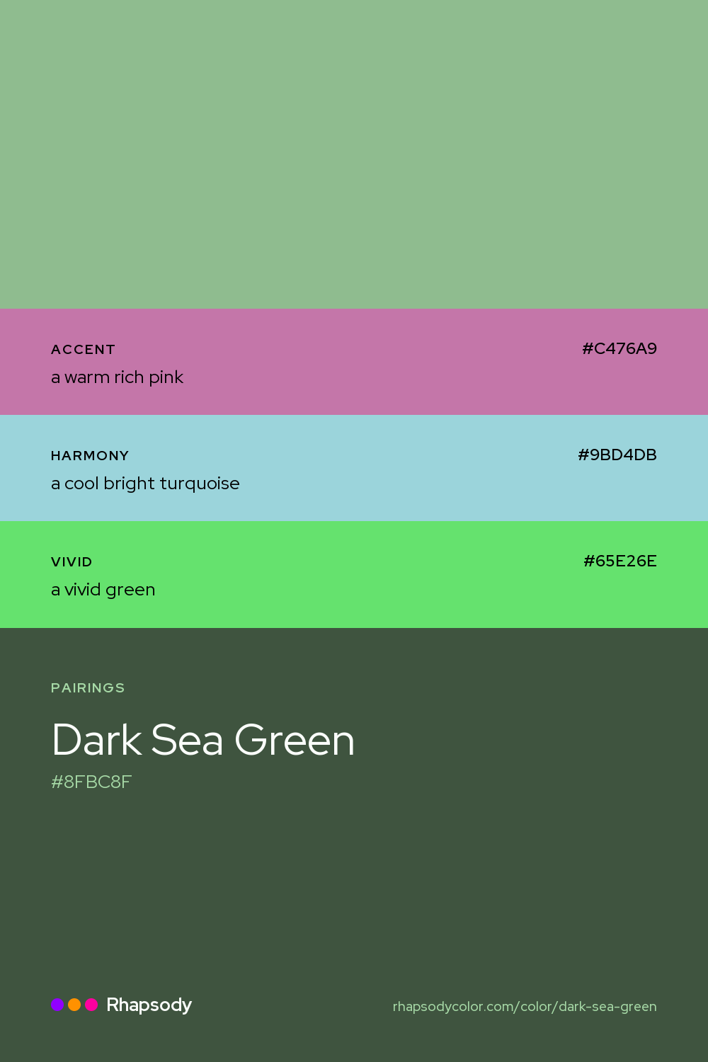 Dark Sea Green paired with a warm rich pink #C476A9, a cool bright turquoise #9BD4DB, a vivid green #65E26E: hex values and roles, from Rhapsody