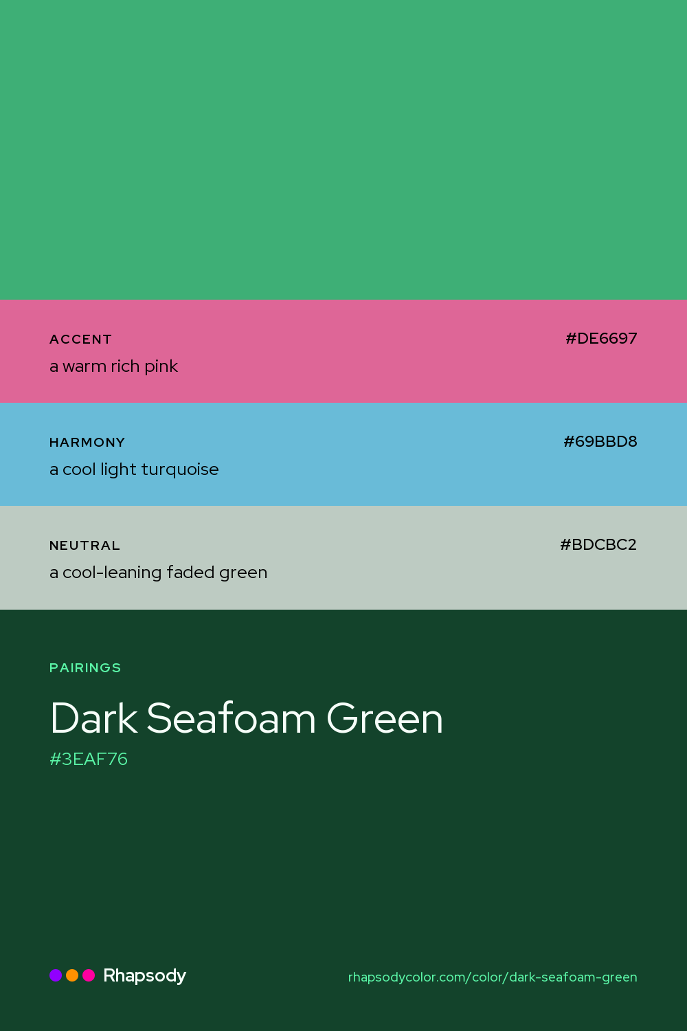 Dark Seafoam Green paired with a warm rich pink #DE6697, a cool light turquoise #69BBD8, a cool-leaning faded green #BDCBC2: hex values and roles, from Rhapsody