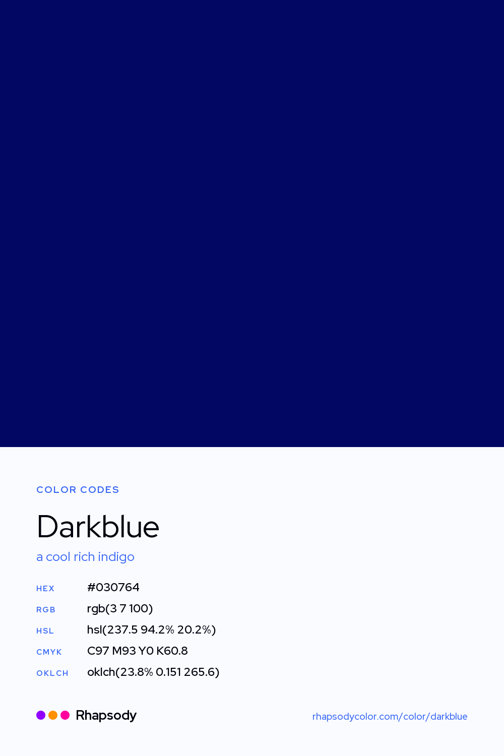 Darkblue color codes: hex #030764, RGB, HSL, CMYK, and OKLCH, from Rhapsody