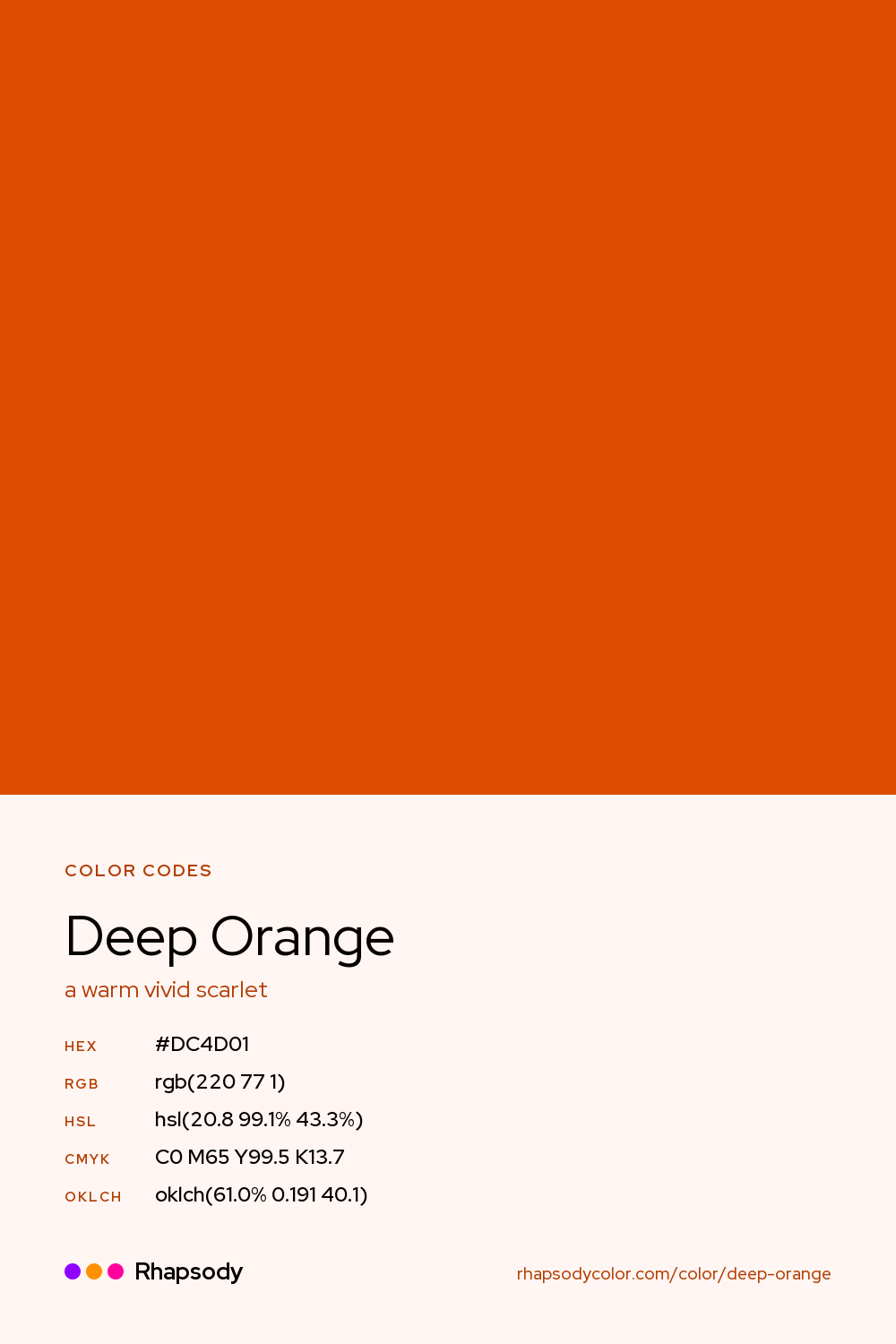 Deep Orange color codes: hex #DC4D01, RGB, HSL, CMYK, and OKLCH, from Rhapsody