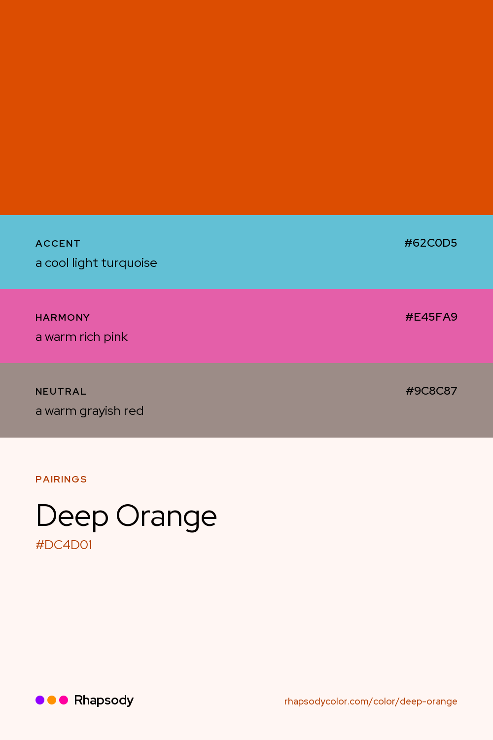 Deep Orange paired with a cool light turquoise #62C0D5, a warm rich pink #E45FA9, a warm grayish red #9C8C87: hex values and roles, from Rhapsody