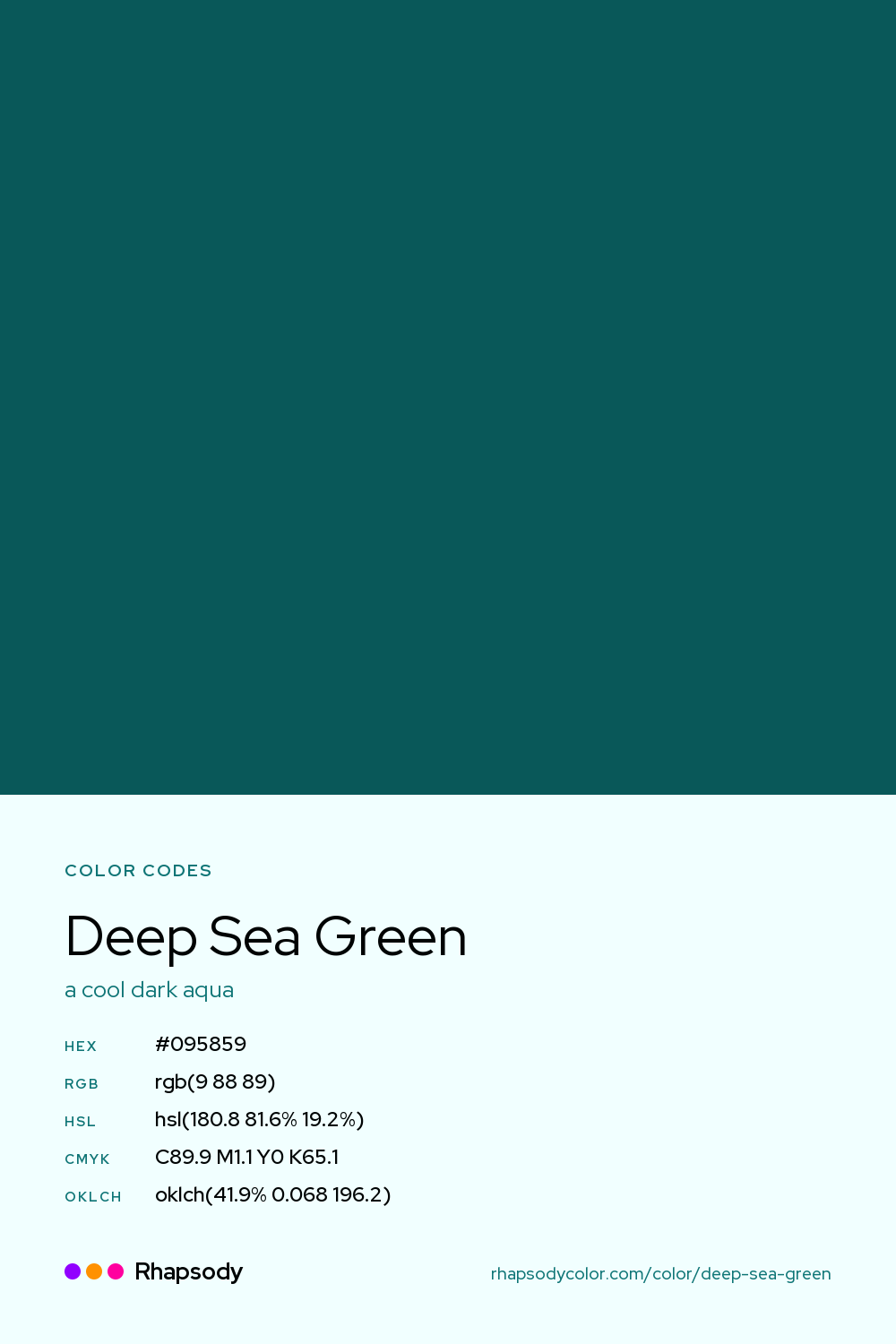 Deep Sea Green color codes: hex #095859, RGB, HSL, CMYK, and OKLCH, from Rhapsody