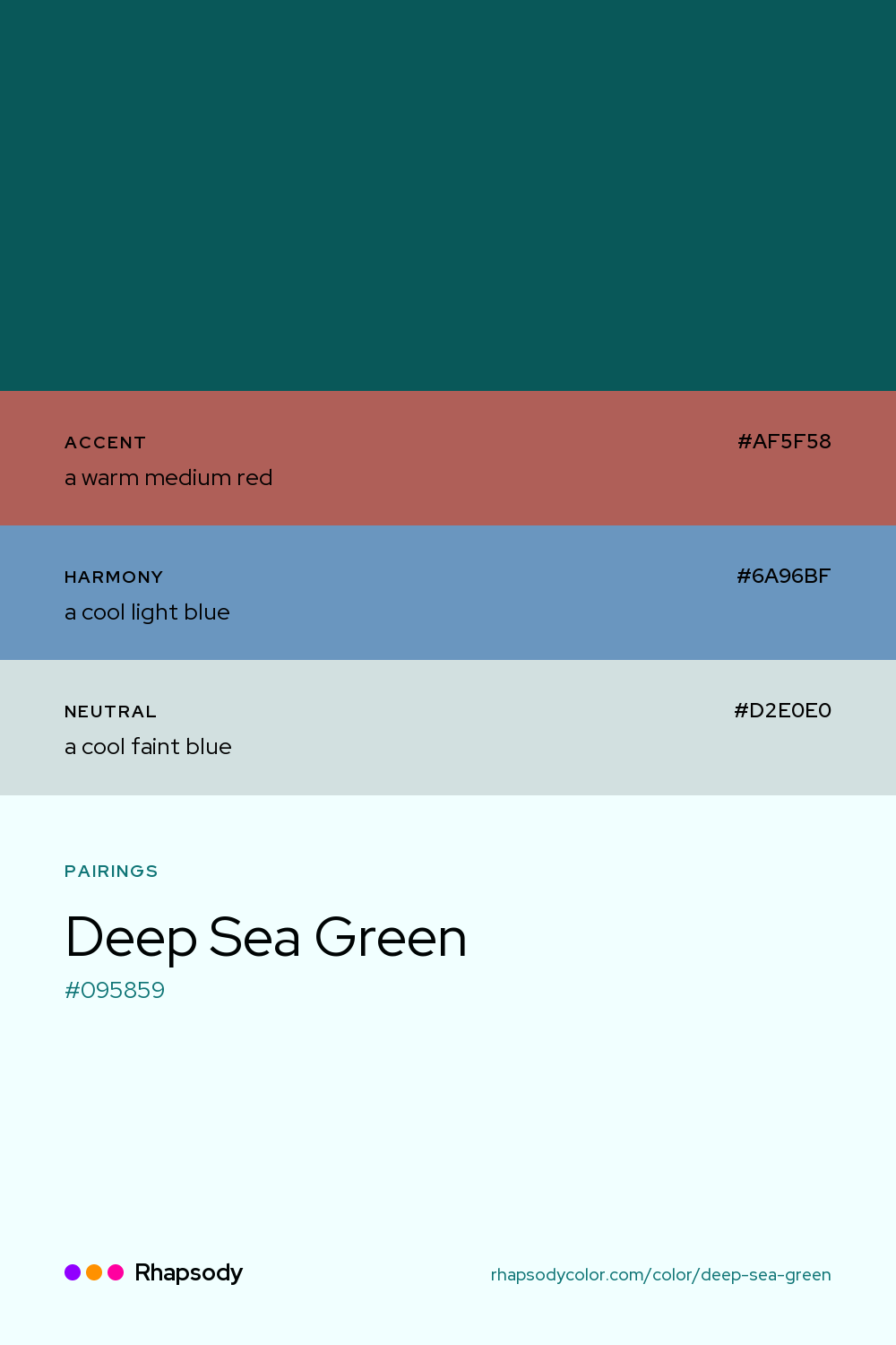 Deep Sea Green paired with a warm medium red #AF5F58, a cool light blue #6A96BF, a cool faint blue #D2E0E0: hex values and roles, from Rhapsody