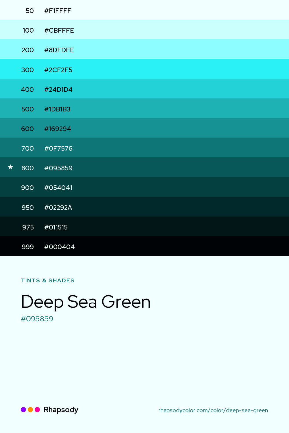 The full tonal scale of Deep Sea Green, 13 steps from light to dark with every hex, from Rhapsody