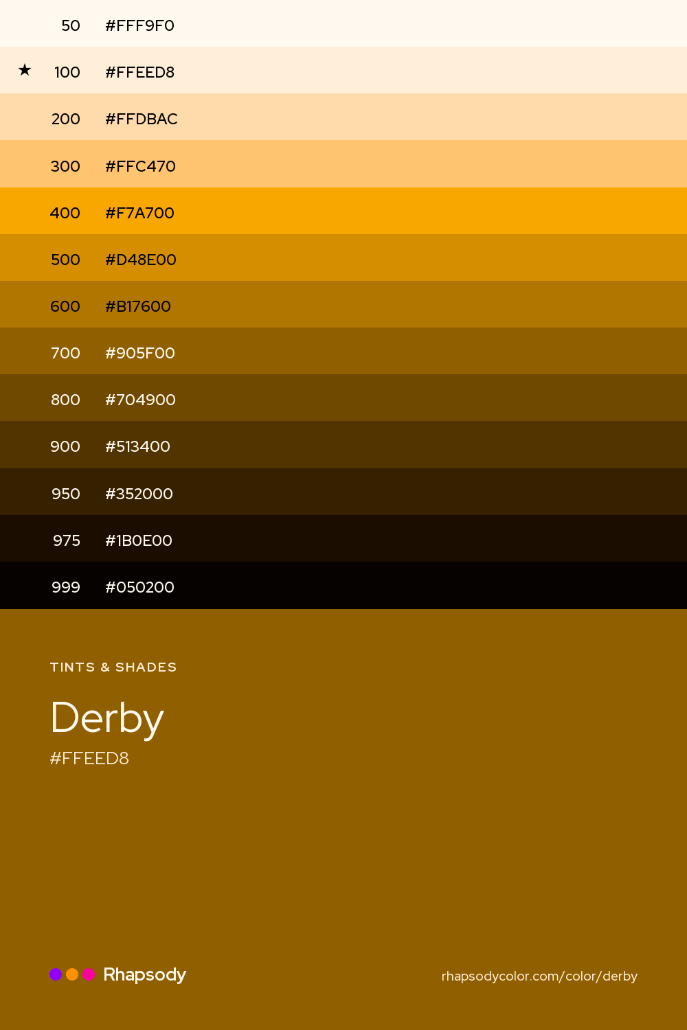 The full tonal scale of Derby, 13 steps from light to dark with every hex, from Rhapsody