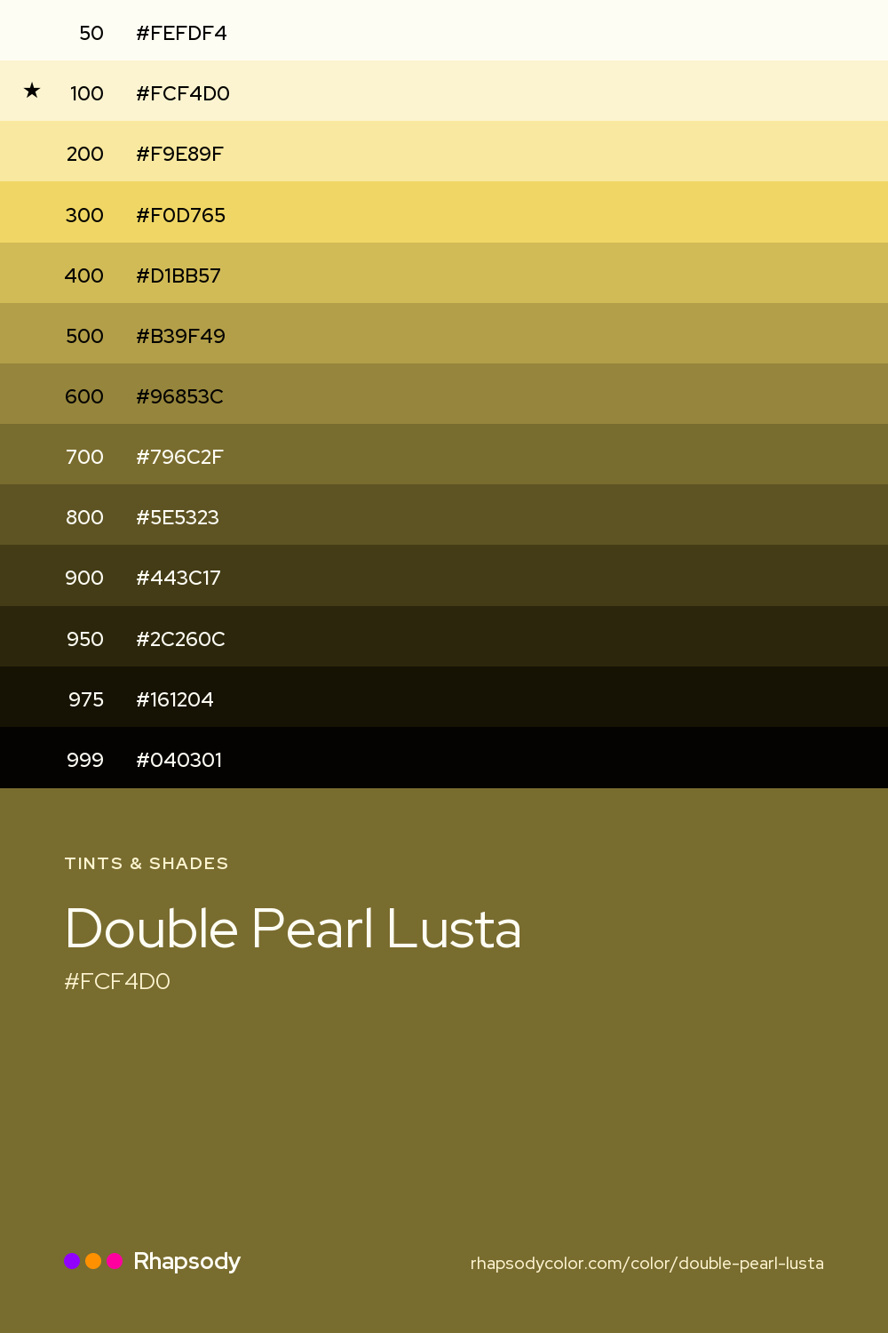 The full tonal scale of Double Pearl Lusta, 13 steps from light to dark with every hex, from Rhapsody