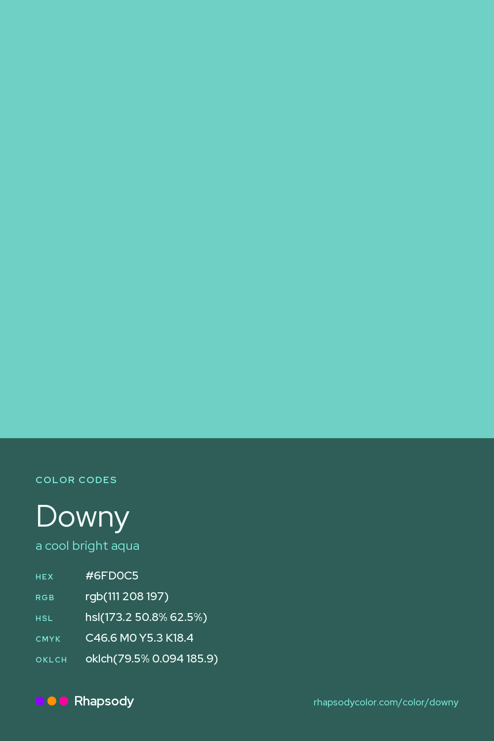 Downy color codes: hex #6FD0C5, RGB, HSL, CMYK, and OKLCH, from Rhapsody
