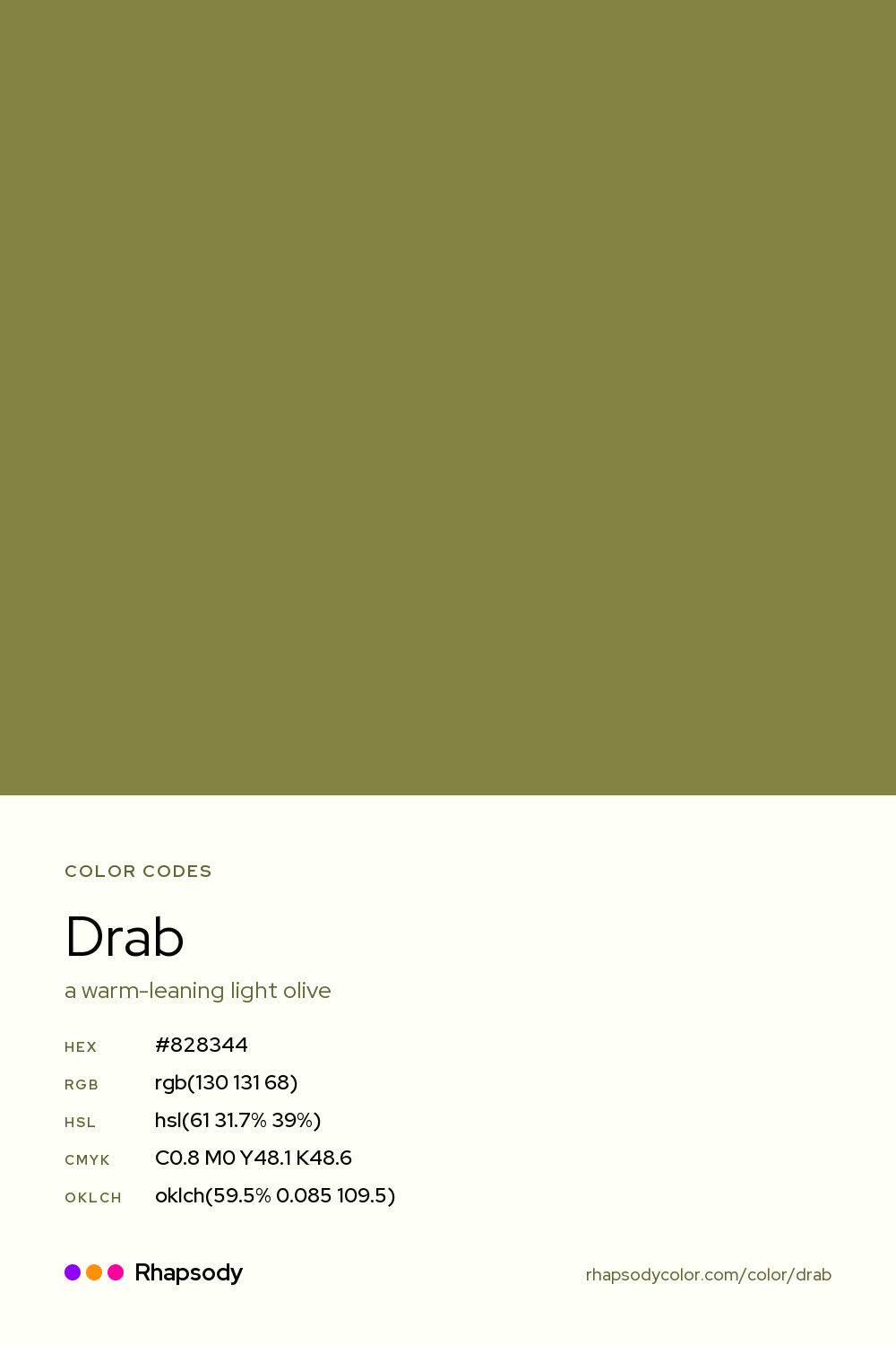 Drab color codes: hex #828344, RGB, HSL, CMYK, and OKLCH, from Rhapsody