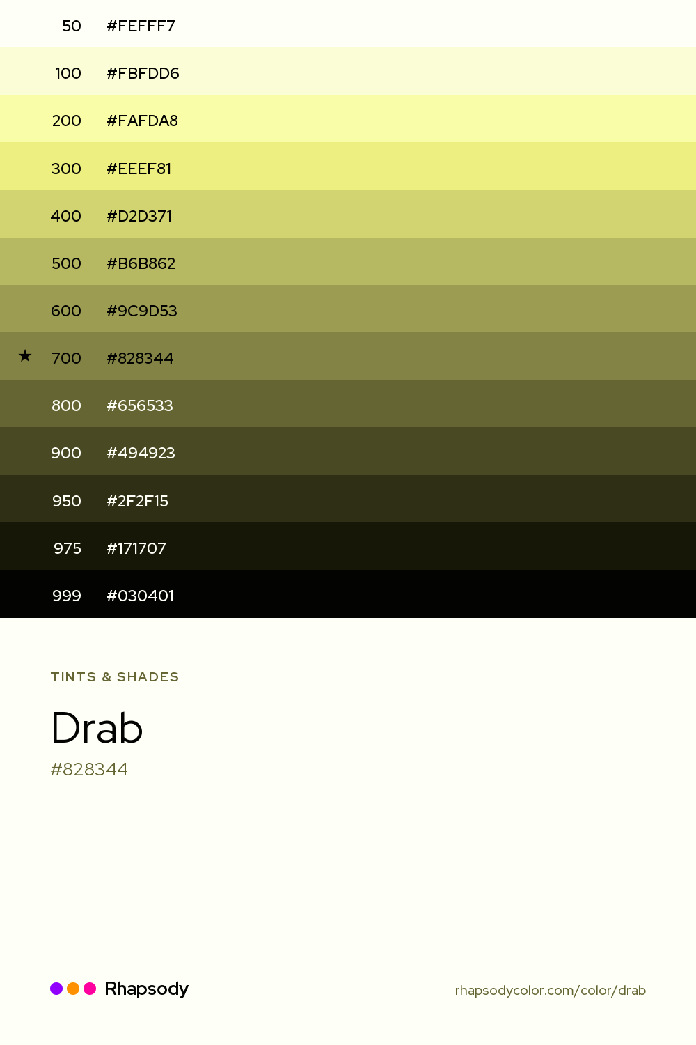 The full tonal scale of Drab, 13 steps from light to dark with every hex, from Rhapsody