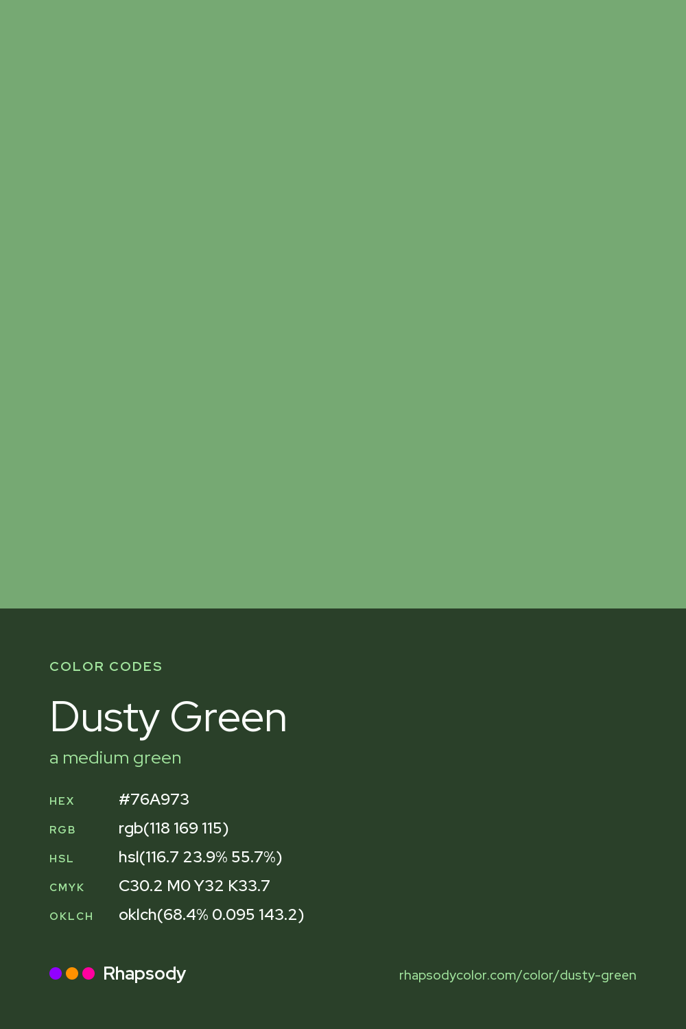 Dusty Green color codes: hex #76A973, RGB, HSL, CMYK, and OKLCH, from Rhapsody