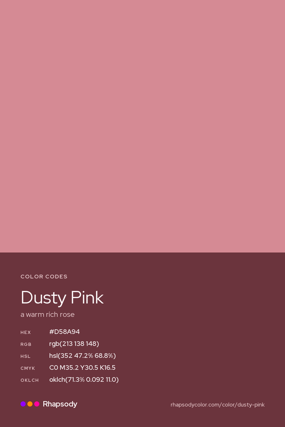 Dusty Pink color codes: hex #D58A94, RGB, HSL, CMYK, and OKLCH, from Rhapsody