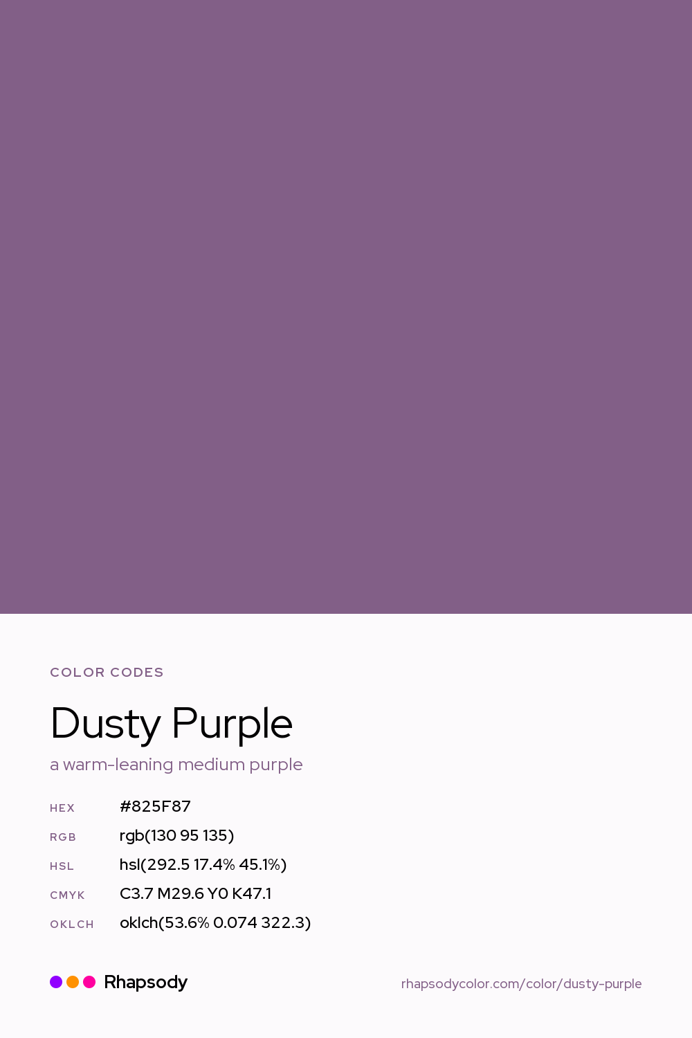 Dusty Purple color codes: hex #825F87, RGB, HSL, CMYK, and OKLCH, from Rhapsody