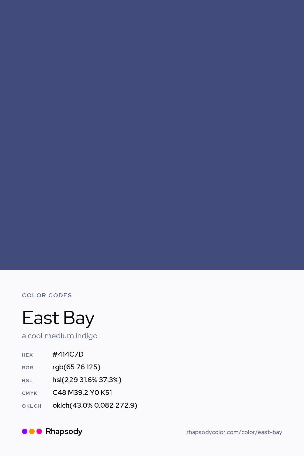East Bay color codes: hex #414C7D, RGB, HSL, CMYK, and OKLCH, from Rhapsody