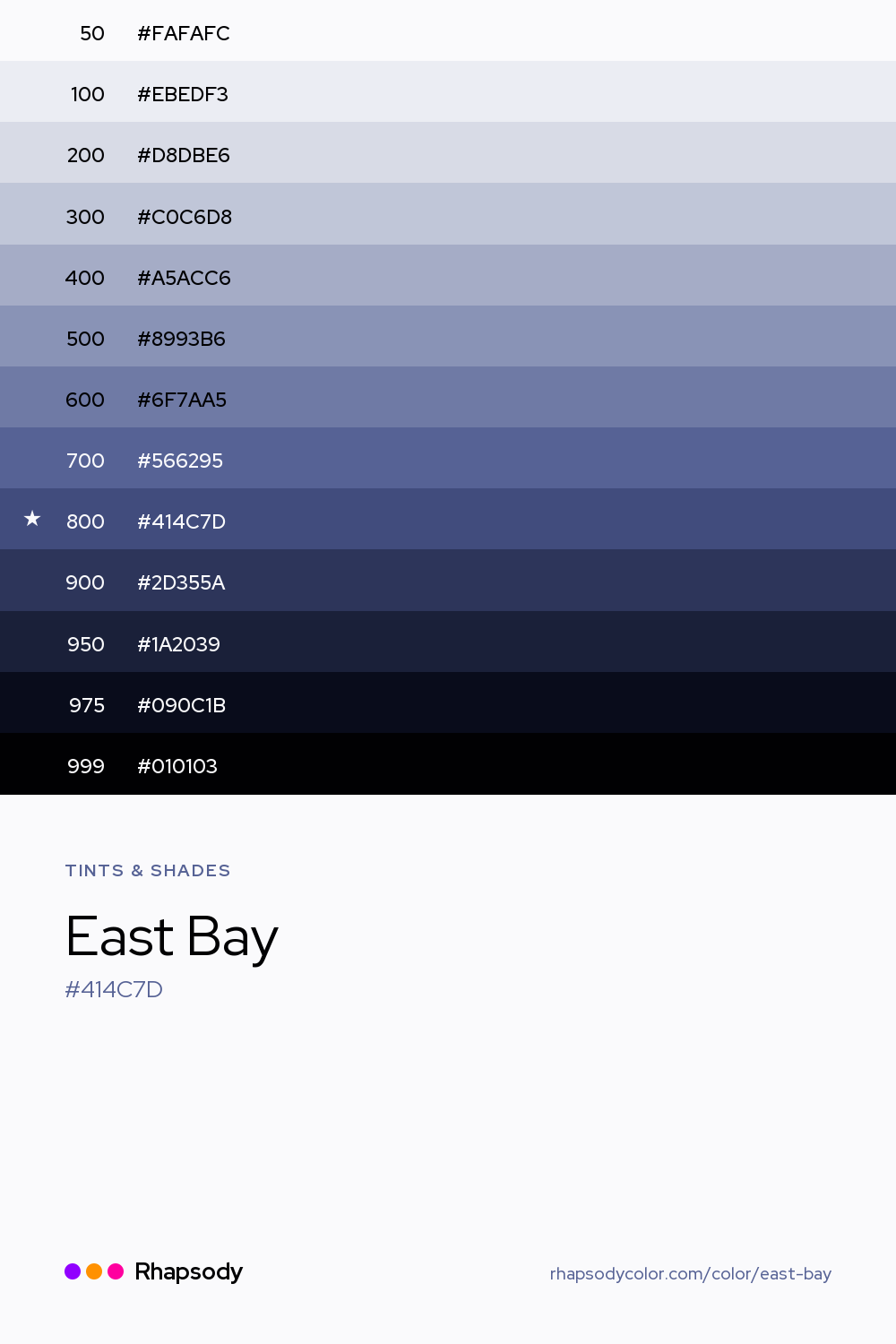 The full tonal scale of East Bay, 13 steps from light to dark with every hex, from Rhapsody