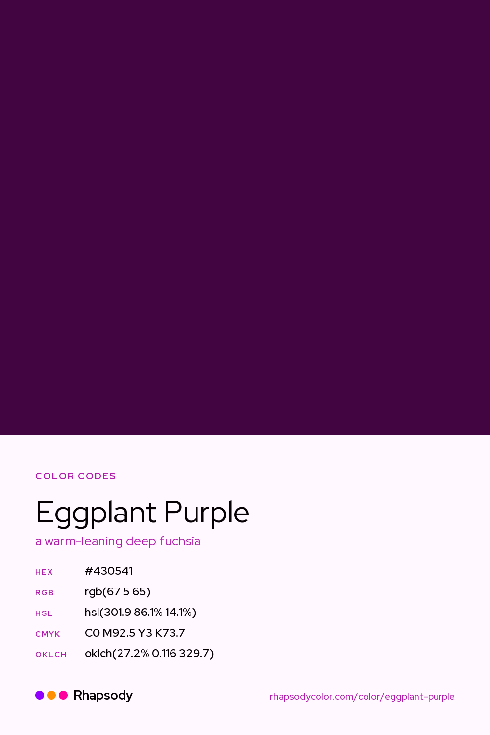 Eggplant Purple color codes: hex #430541, RGB, HSL, CMYK, and OKLCH, from Rhapsody