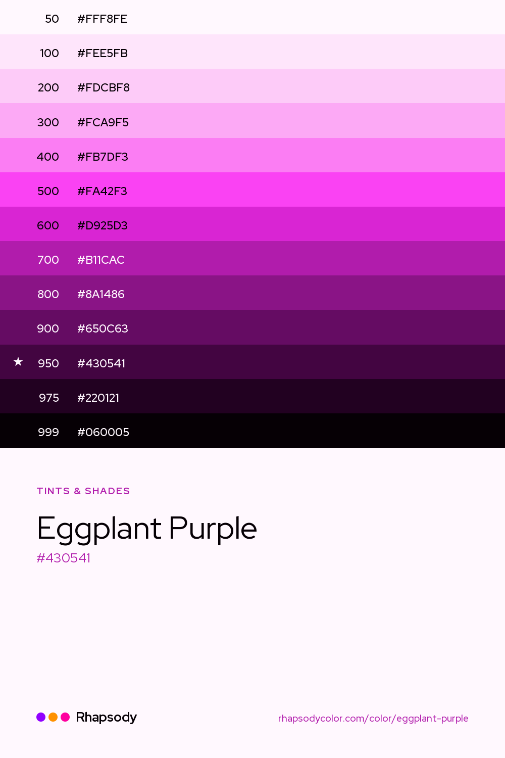 The full tonal scale of Eggplant Purple, 13 steps from light to dark with every hex, from Rhapsody