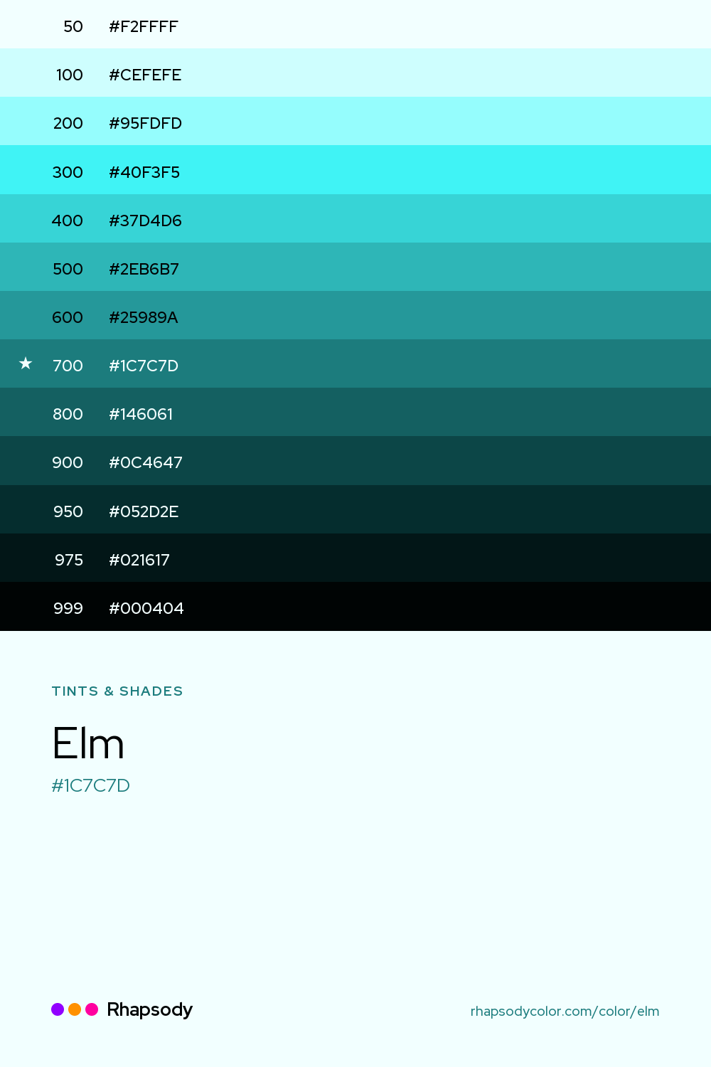 The full tonal scale of Elm, 13 steps from light to dark with every hex, from Rhapsody