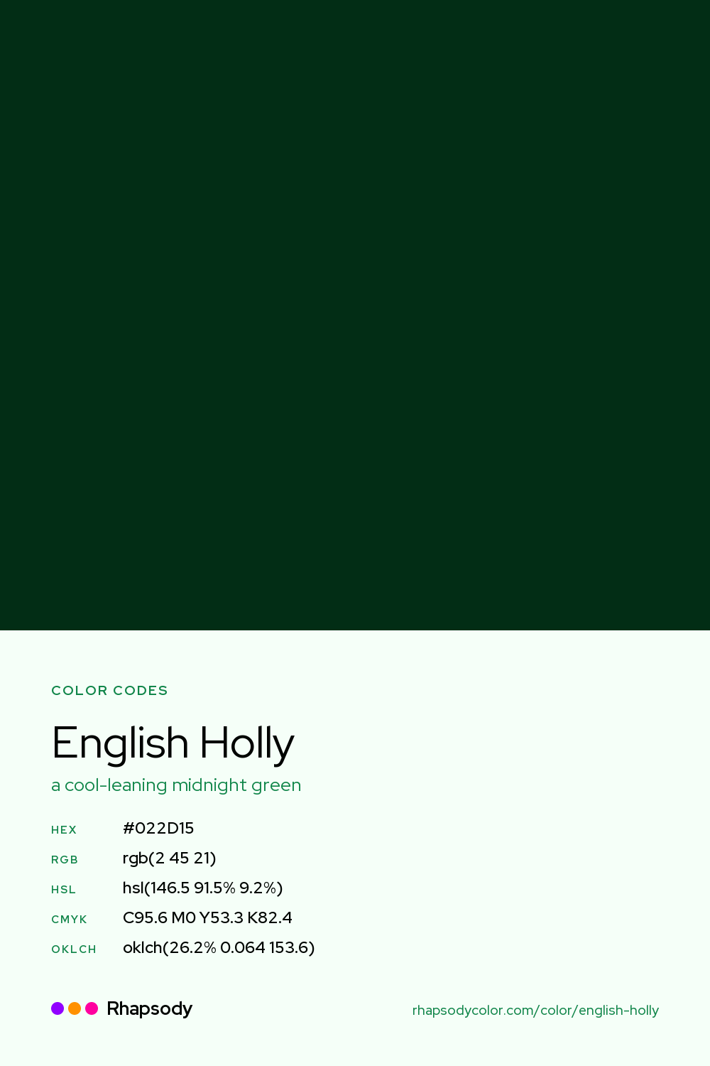 English Holly color codes: hex #022D15, RGB, HSL, CMYK, and OKLCH, from Rhapsody