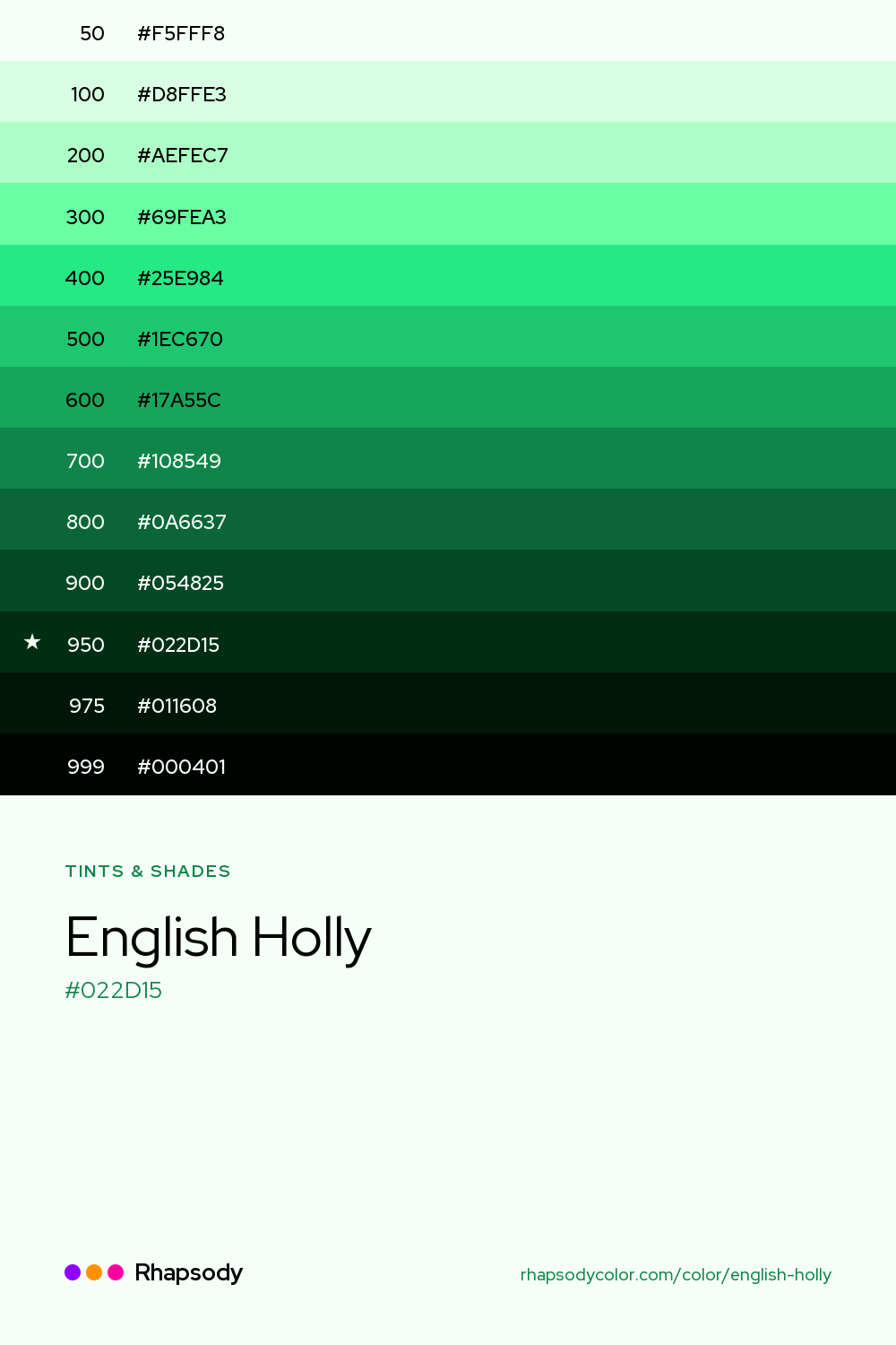 The full tonal scale of English Holly, 13 steps from light to dark with every hex, from Rhapsody