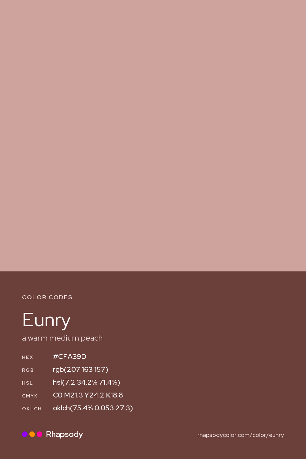 Eunry color codes: hex #CFA39D, RGB, HSL, CMYK, and OKLCH, from Rhapsody