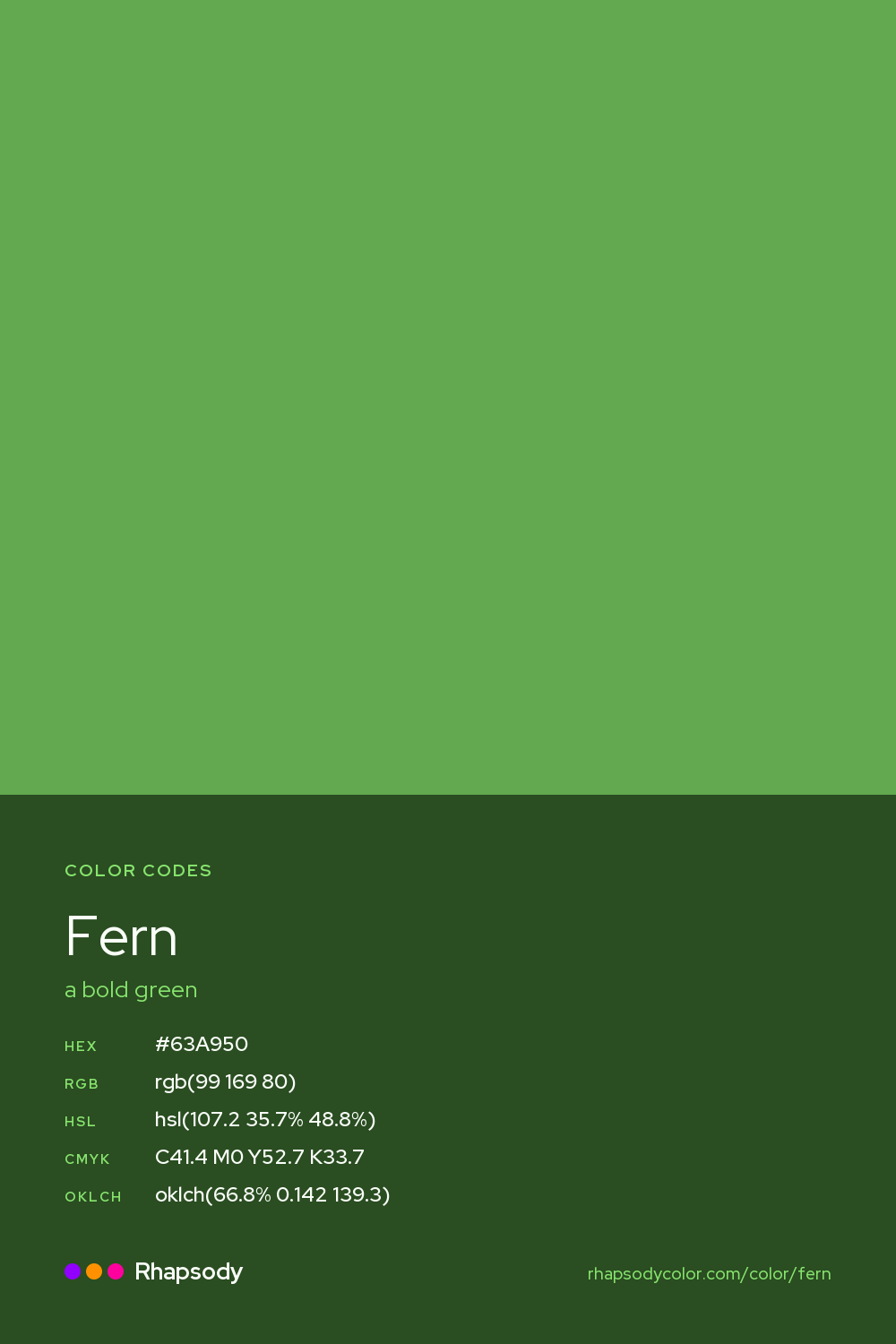 Fern color codes: hex #63A950, RGB, HSL, CMYK, and OKLCH, from Rhapsody