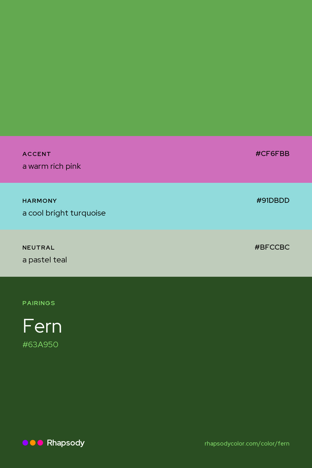 Fern paired with a warm rich pink #CF6FBB, a cool bright turquoise #91DBDD, a pastel teal #BFCCBC: hex values and roles, from Rhapsody