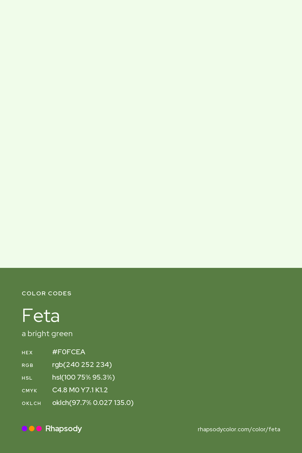 Feta color codes: hex #F0FCEA, RGB, HSL, CMYK, and OKLCH, from Rhapsody