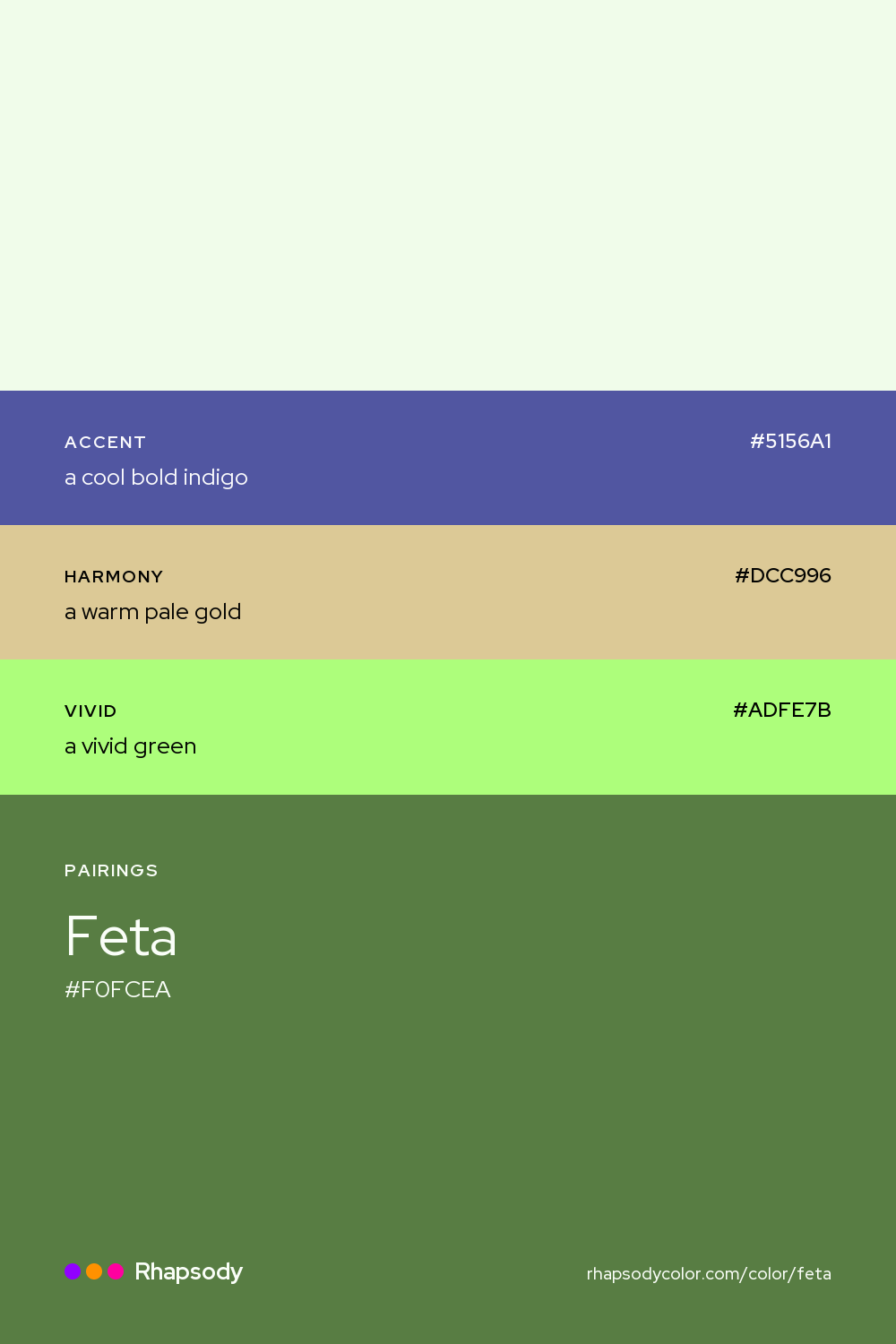 Feta paired with a cool bold indigo #5156A1, a warm pale gold #DCC996, a vivid green #ADFE7B: hex values and roles, from Rhapsody