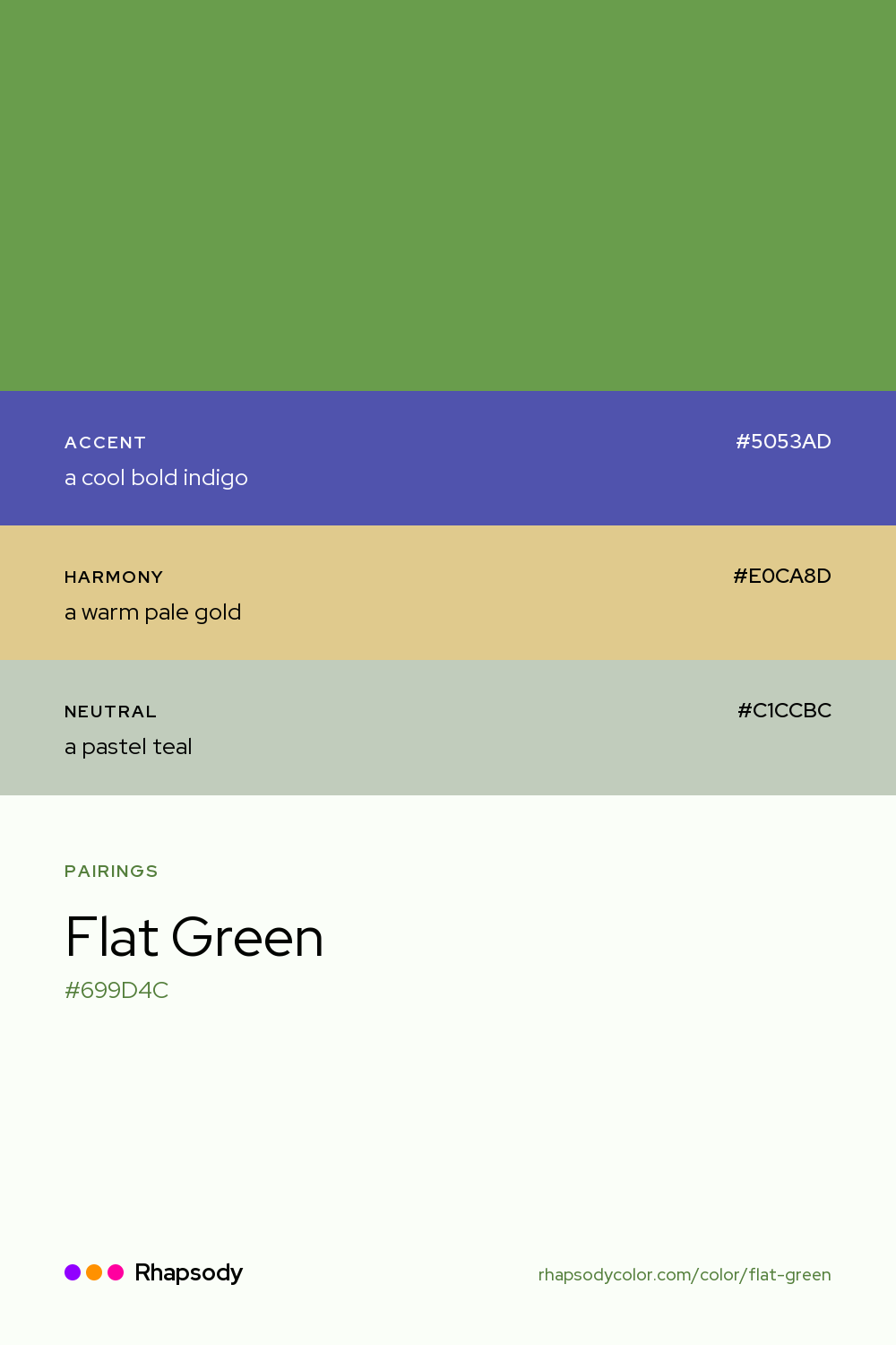 Flat Green paired with a cool bold indigo #5053AD, a warm pale gold #E0CA8D, a pastel teal #C1CCBC: hex values and roles, from Rhapsody