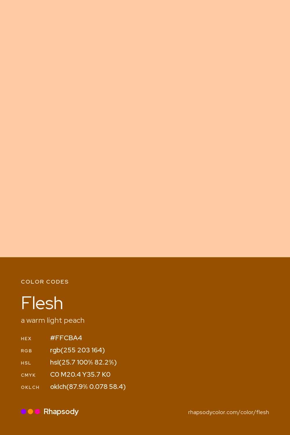 Flesh color codes: hex #FFCBA4, RGB, HSL, CMYK, and OKLCH, from Rhapsody