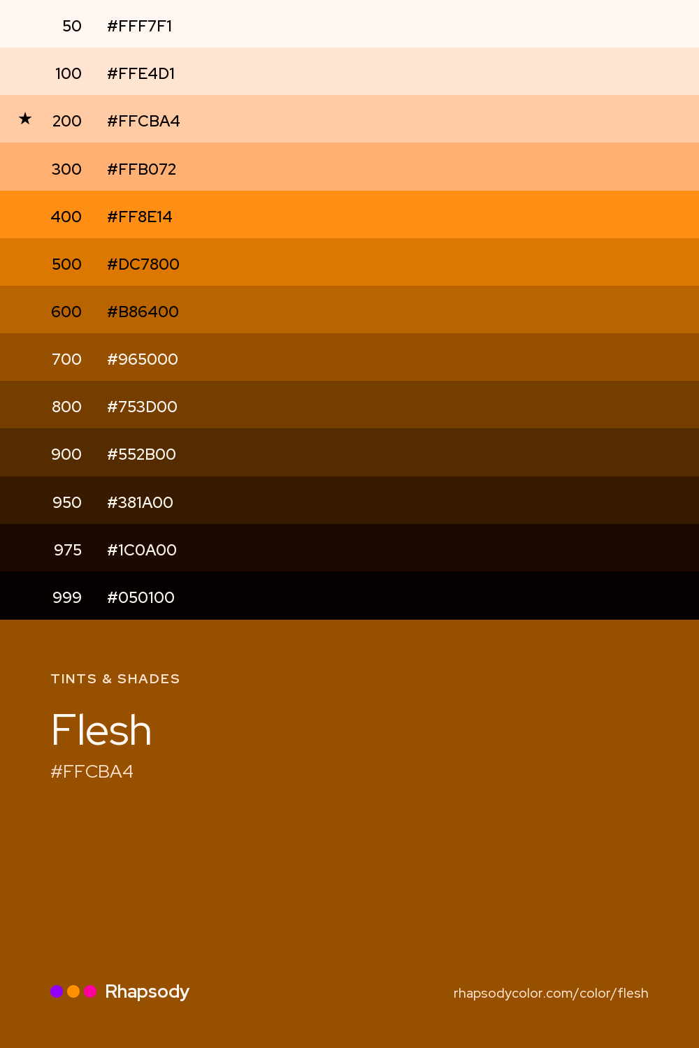 The full tonal scale of Flesh, 13 steps from light to dark with every hex, from Rhapsody