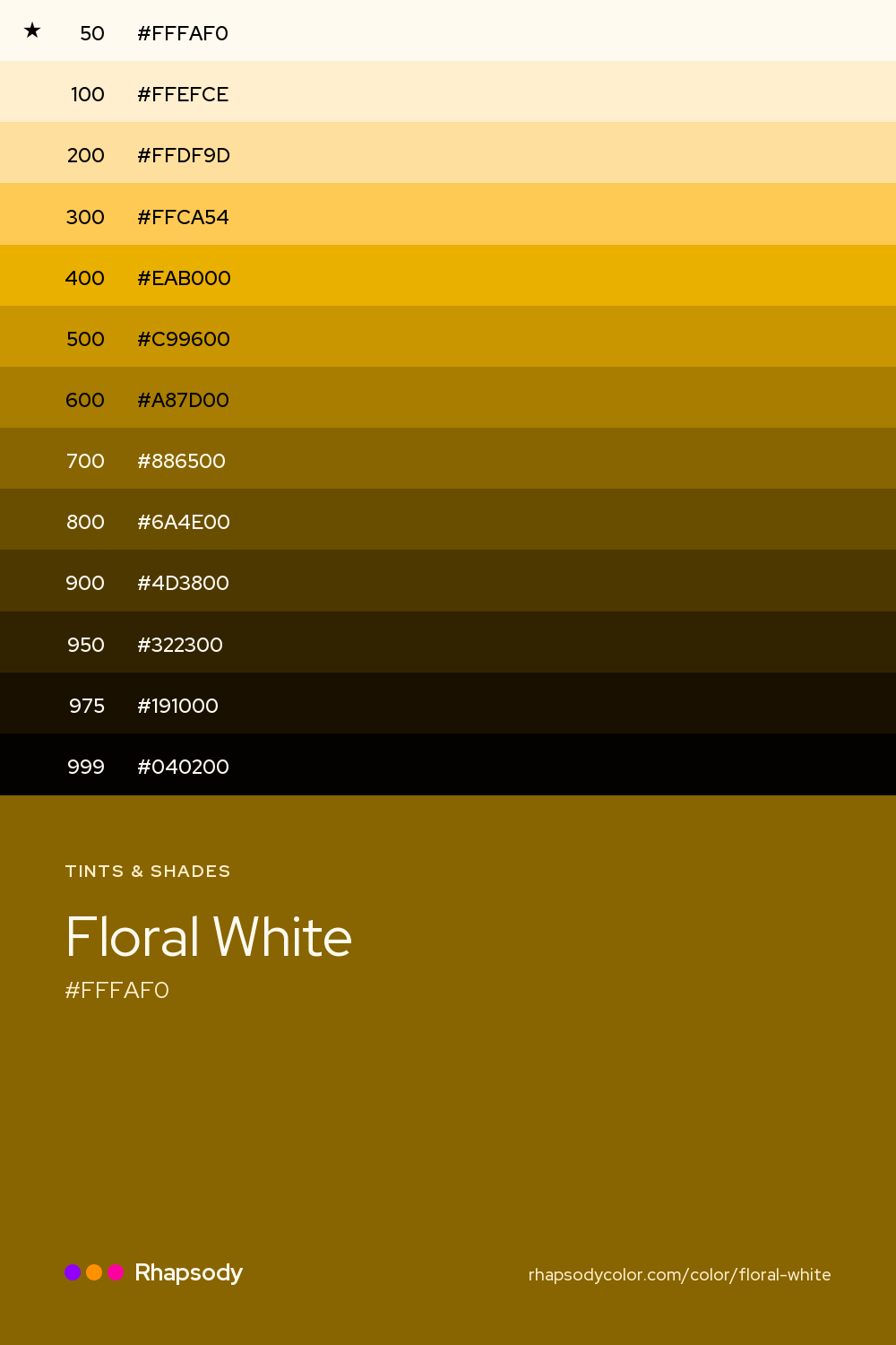 The full tonal scale of Floral White, 13 steps from light to dark with every hex, from Rhapsody
