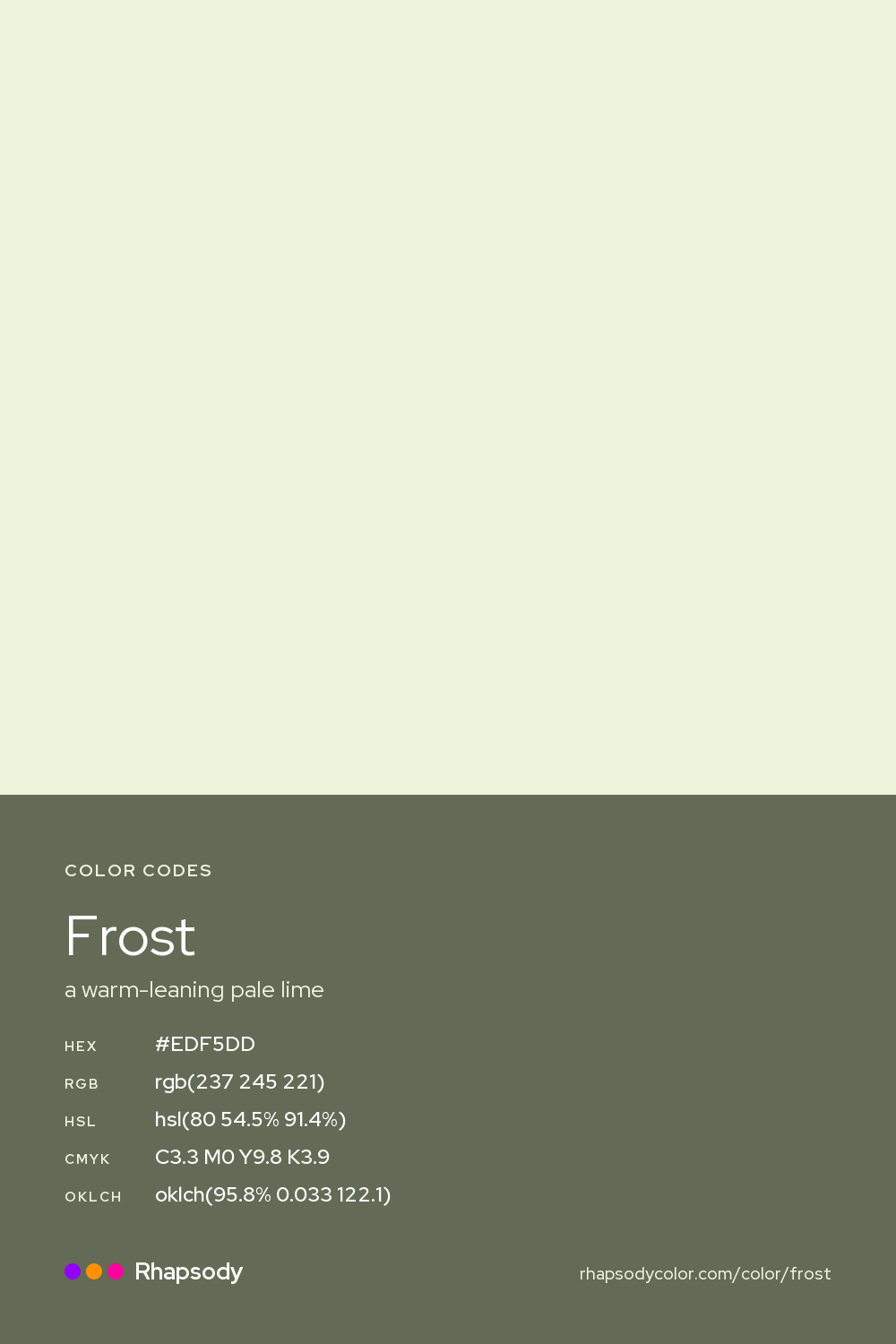 Frost color codes: hex #EDF5DD, RGB, HSL, CMYK, and OKLCH, from Rhapsody
