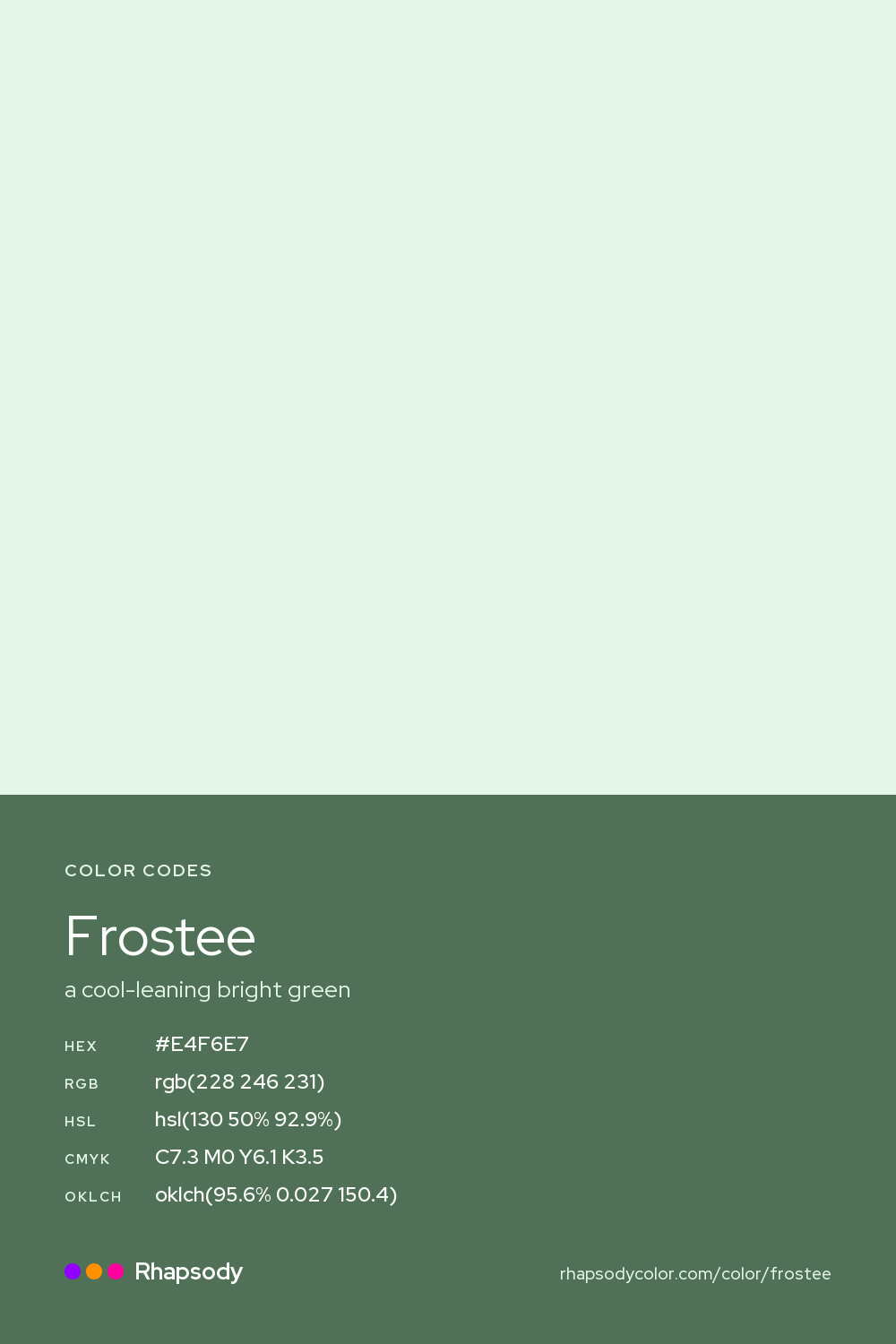 Frostee color codes: hex #E4F6E7, RGB, HSL, CMYK, and OKLCH, from Rhapsody