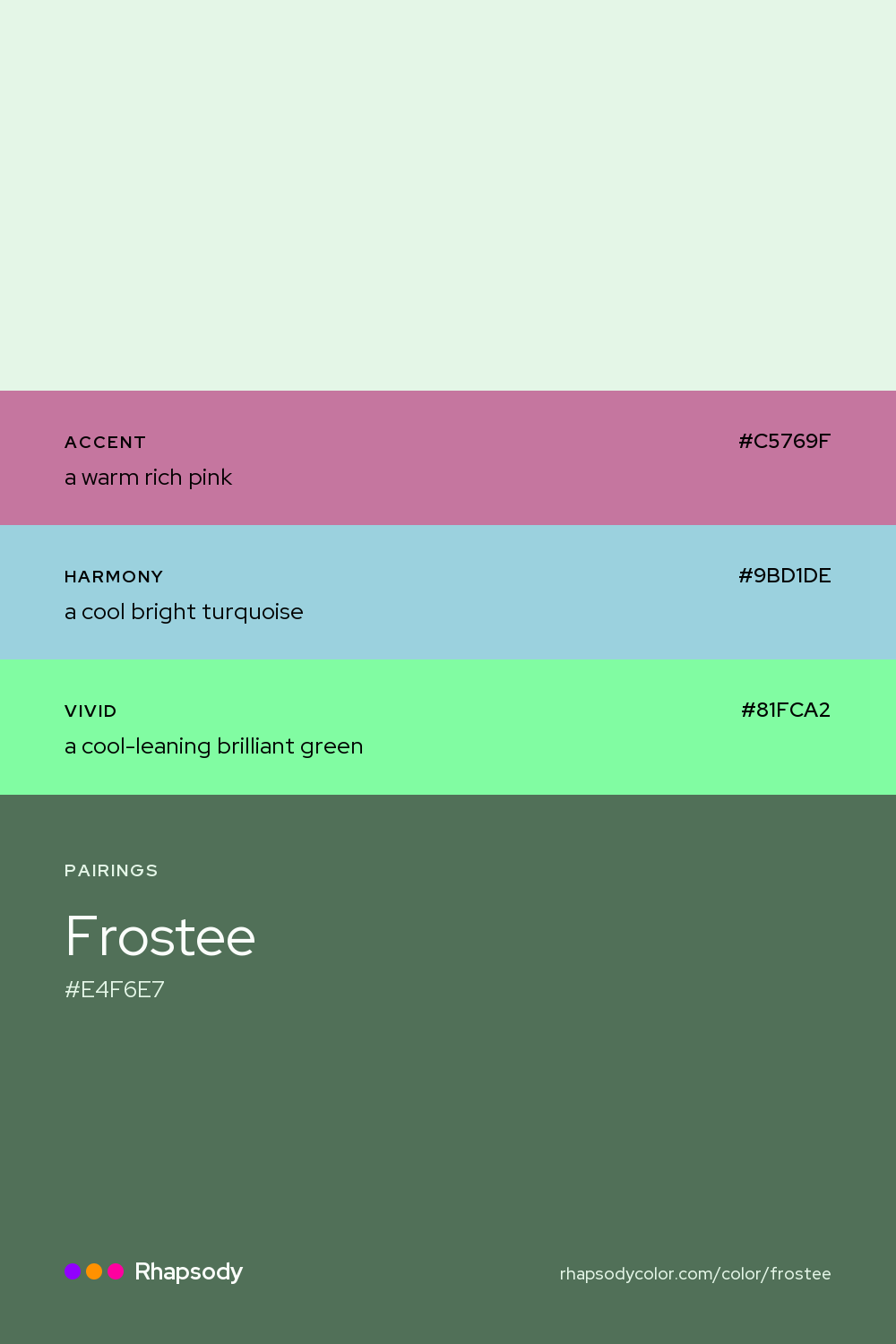 Frostee paired with a warm rich pink #C5769F, a cool bright turquoise #9BD1DE, a cool-leaning brilliant green #81FCA2: hex values and roles, from Rhapsody