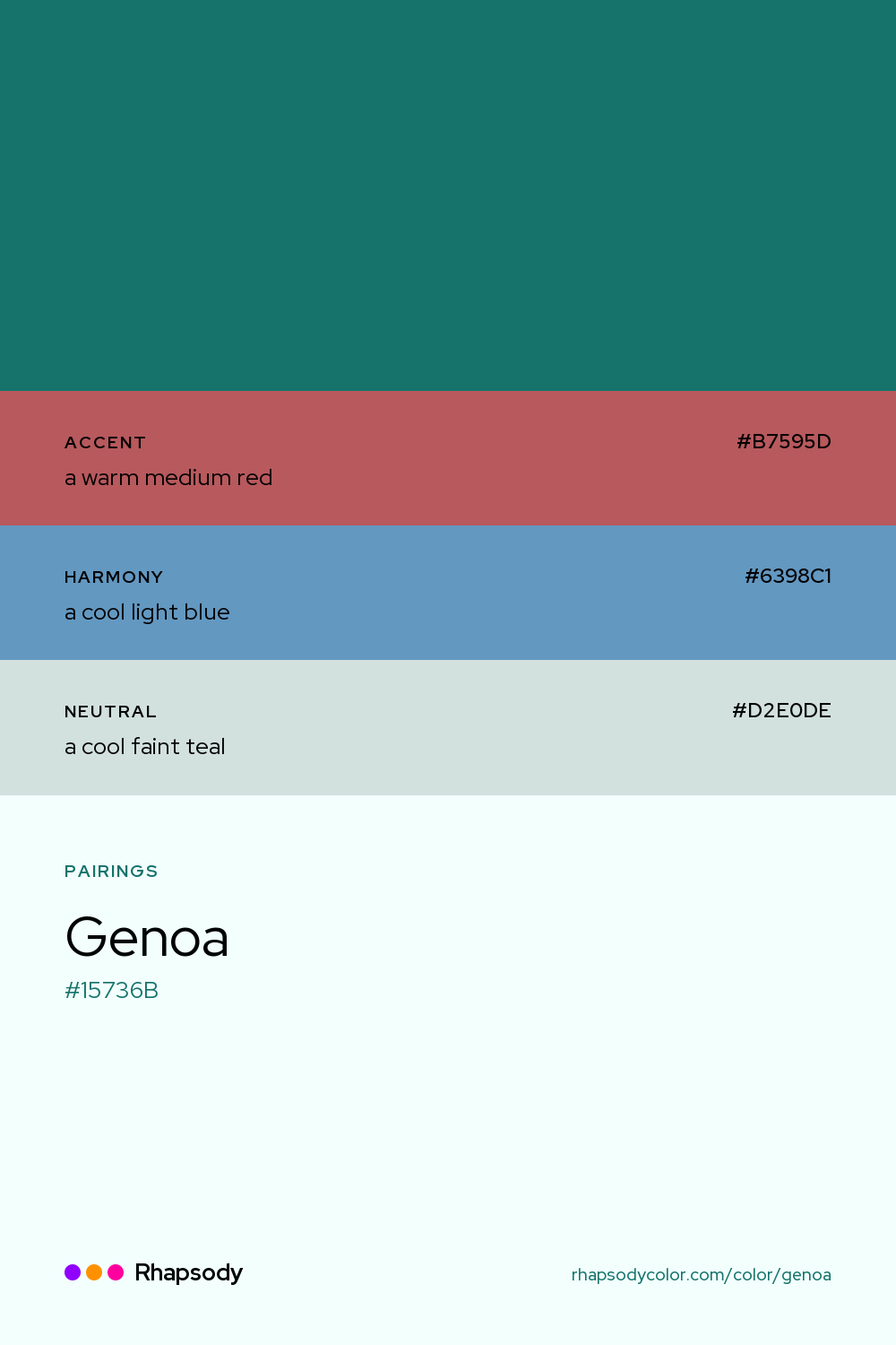 Genoa paired with a warm medium red #B7595D, a cool light blue #6398C1, a cool faint teal #D2E0DE: hex values and roles, from Rhapsody